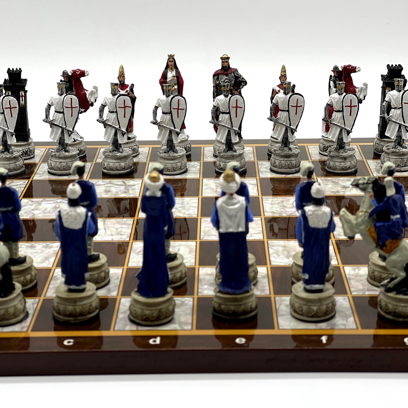 14.5" Brown Marble Patterned Wooden Chess Set With Crusaders Chess Pieces