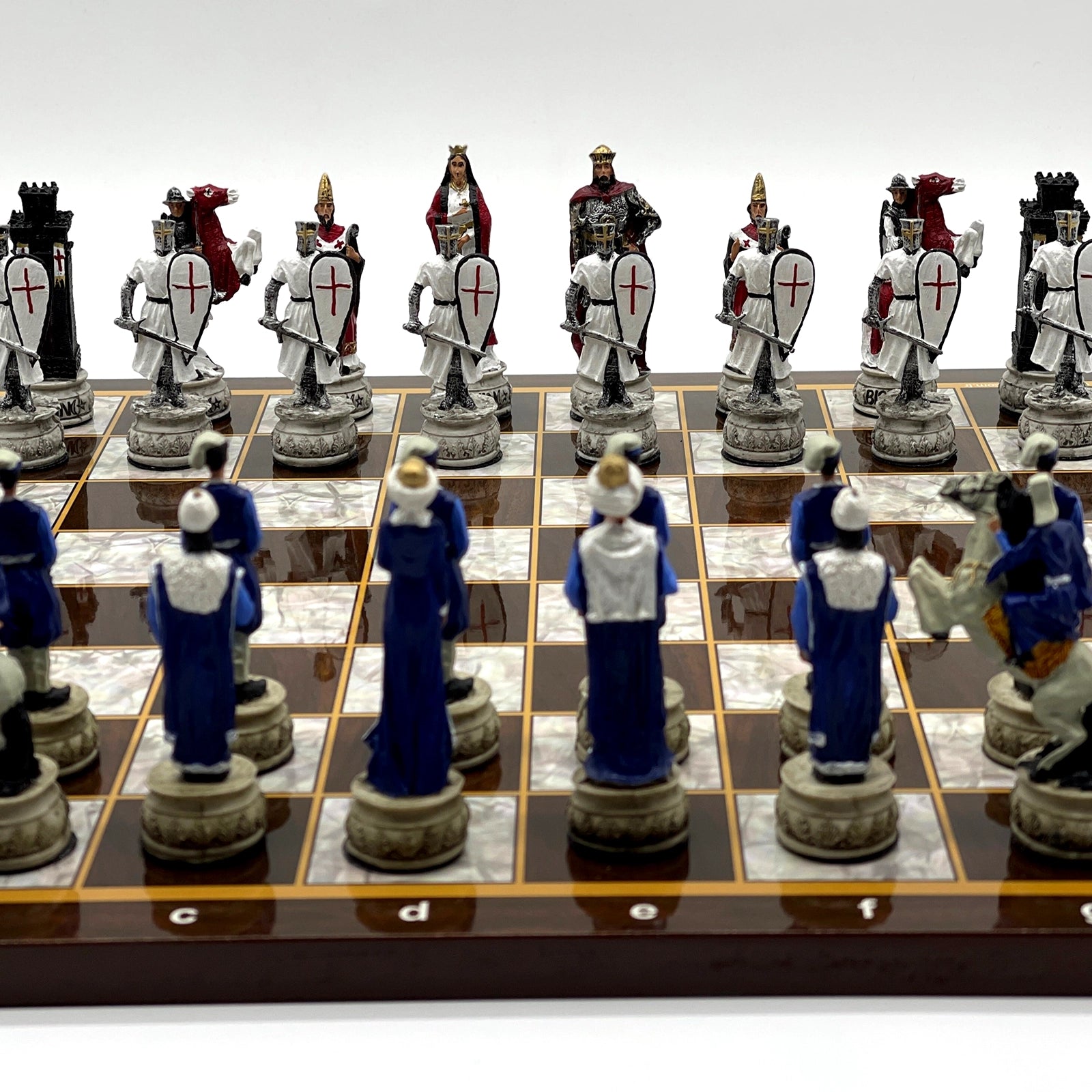 14.5" Brown Marble Patterned Wooden Chess Set With Crusaders Chess Pieces