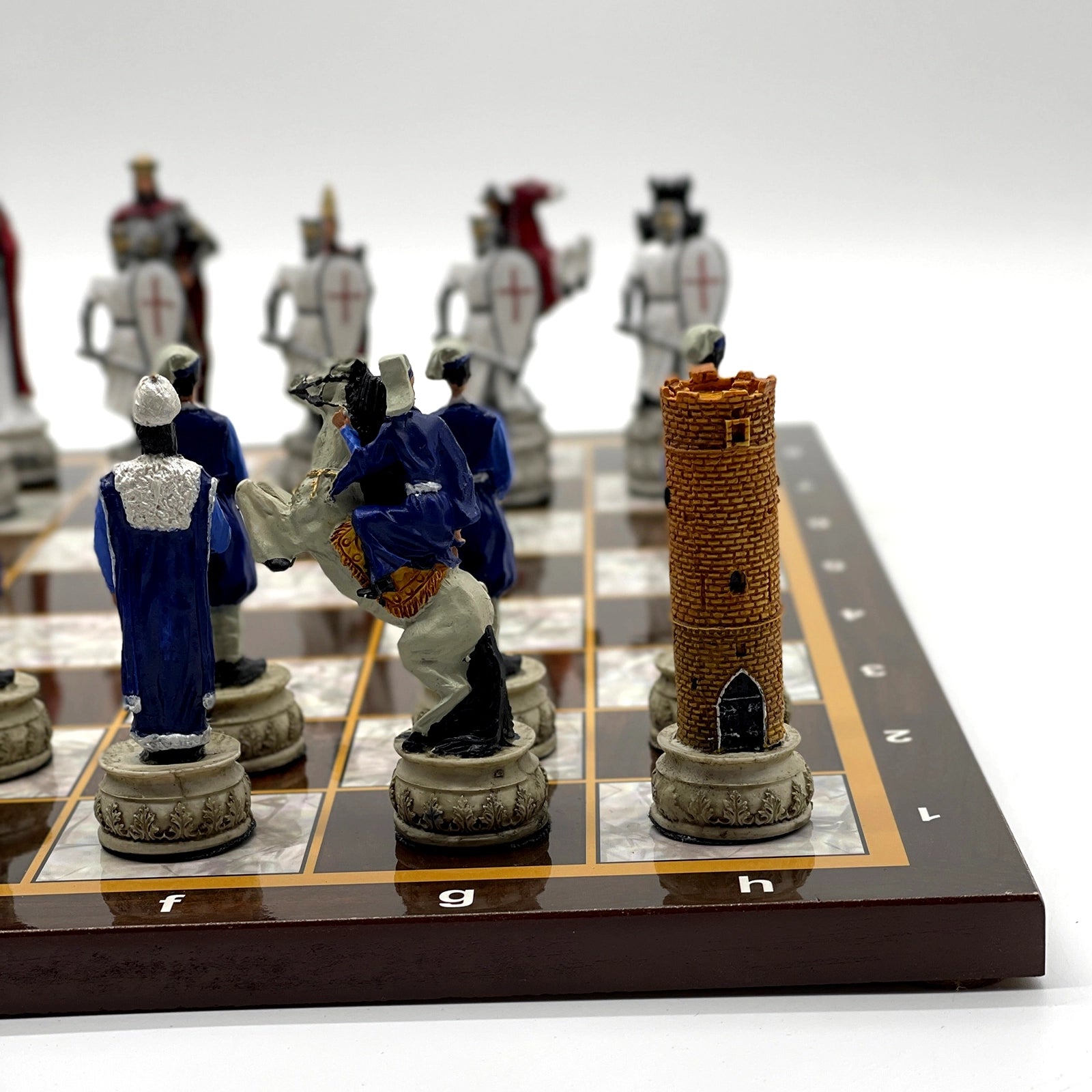 14.5" Brown Marble Patterned Wooden Chess Set With Crusaders Chess Pieces