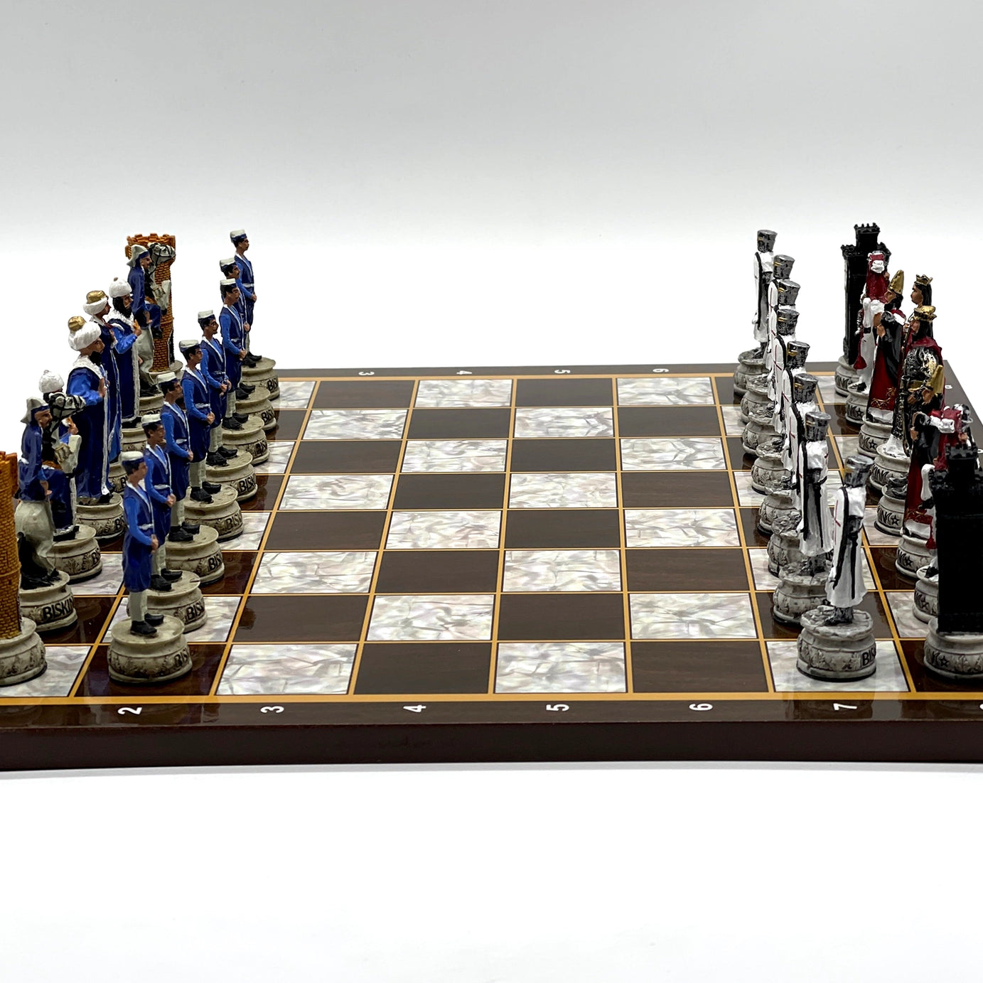 14.5" Brown Marble Patterned Wooden Chess Set With Crusaders Chess Pieces