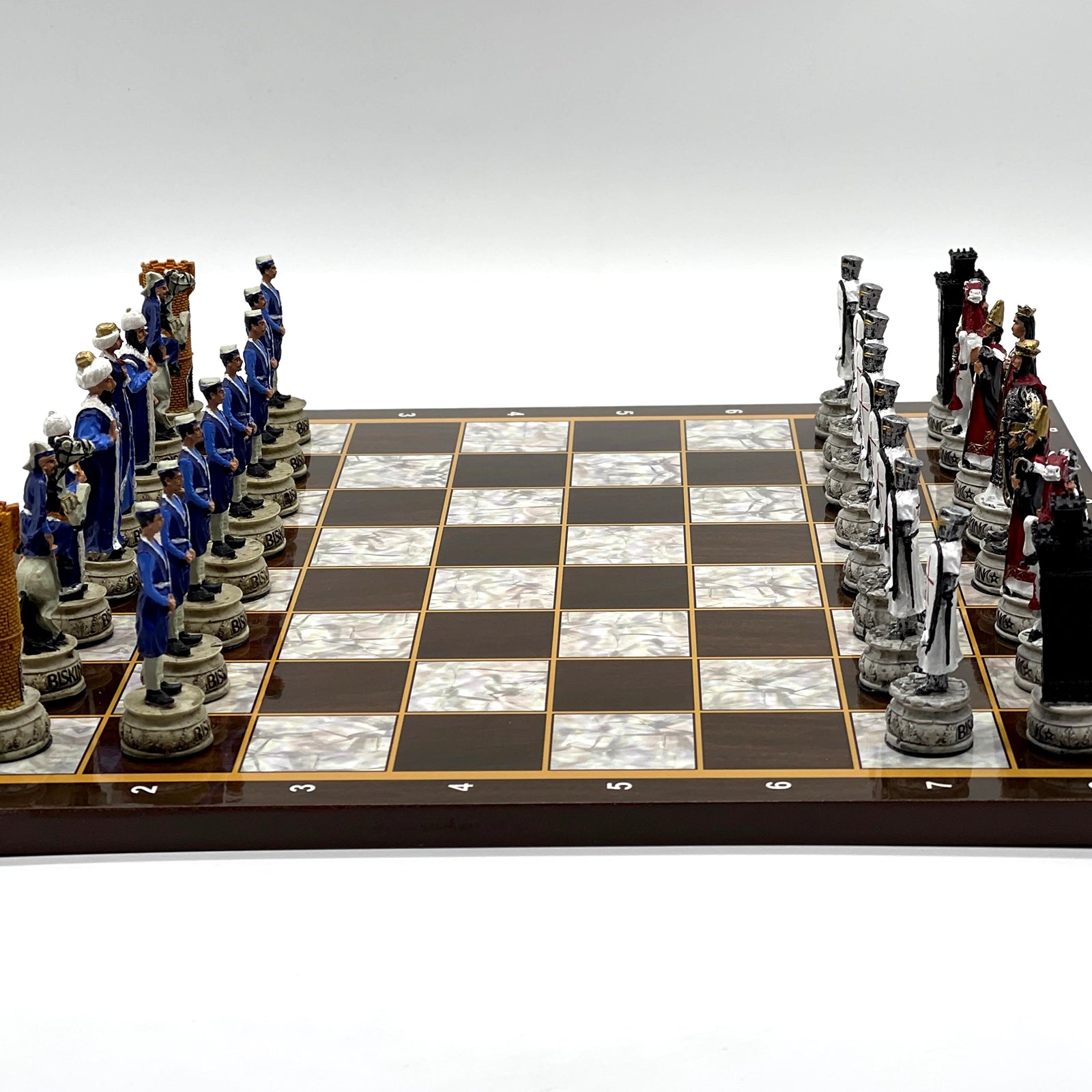 14.5" Brown Marble Patterned Wooden Chess Set With Crusaders Chess Pieces