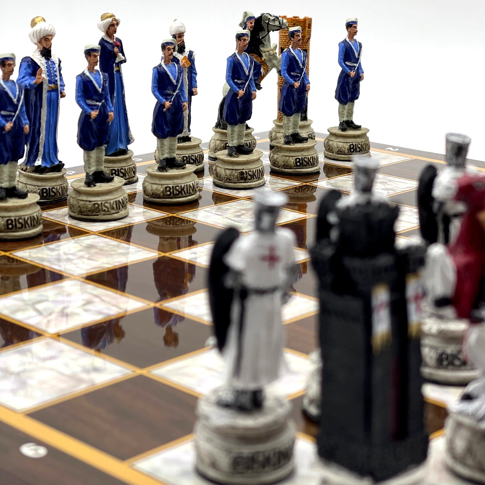 14.5" Brown Marble Patterned Wooden Chess Set With Crusaders Chess Pieces