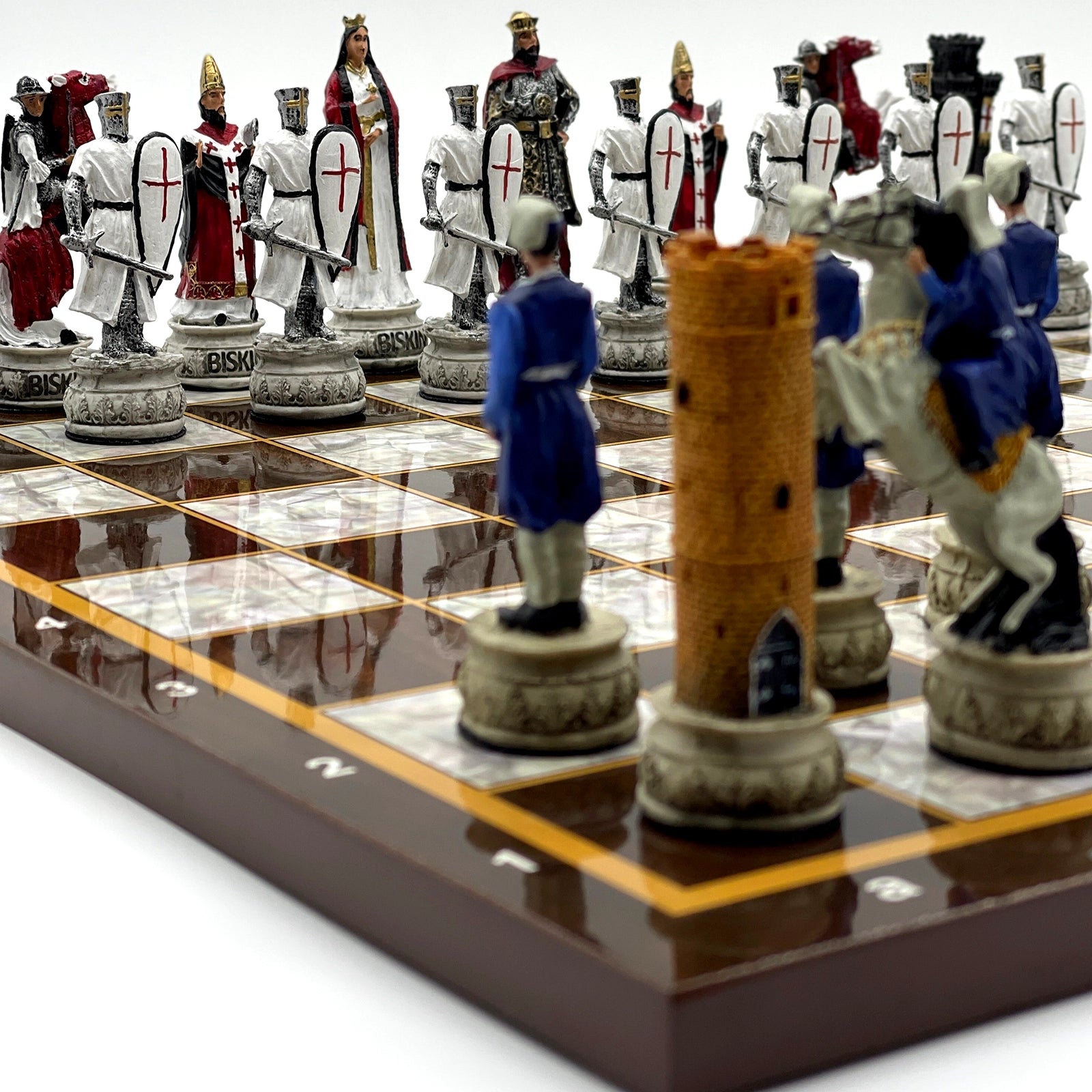14.5" Brown Marble Patterned Wooden Chess Set With Crusaders Chess Pieces