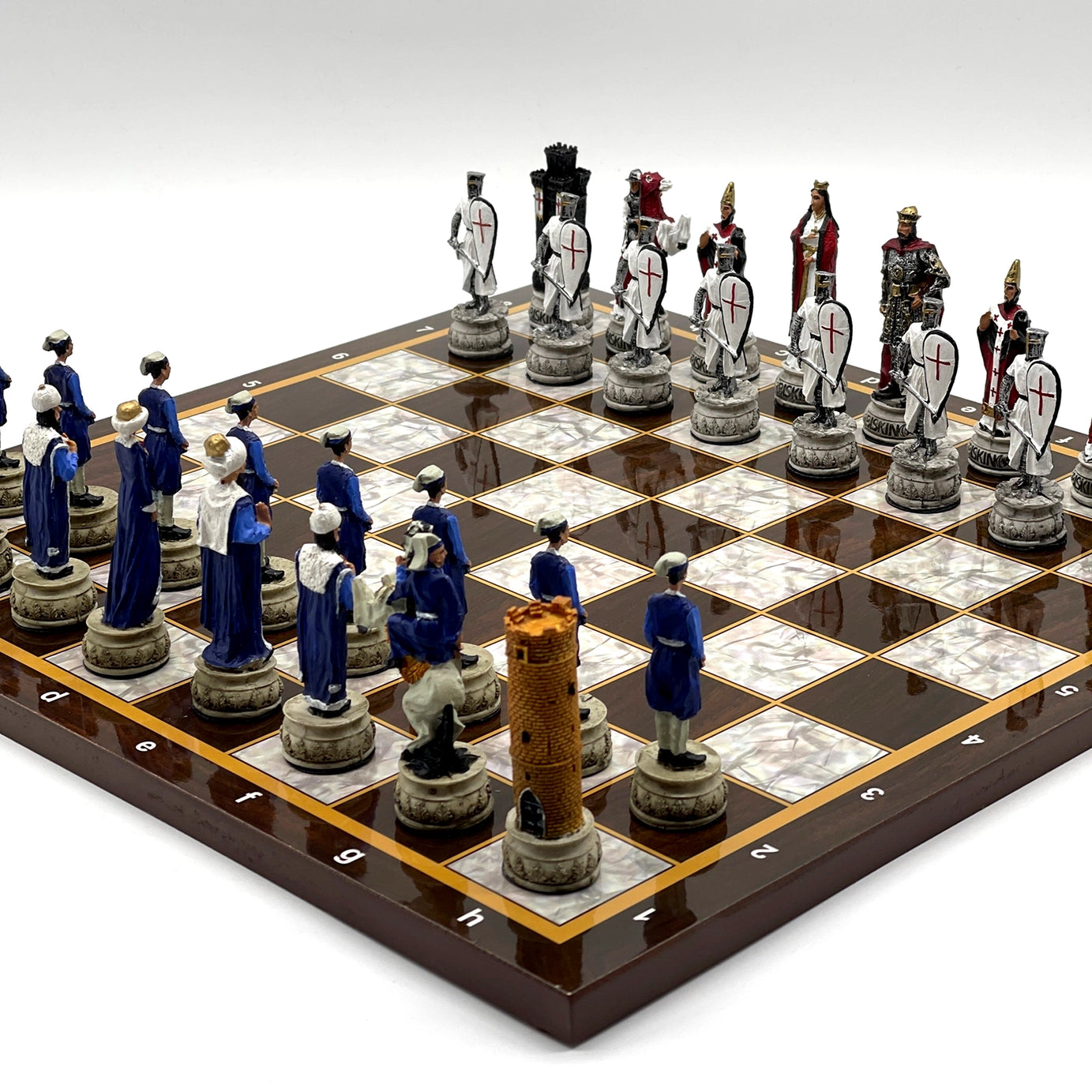 14.5" Brown Marble Patterned Wooden Chess Set With Crusaders Chess Pieces