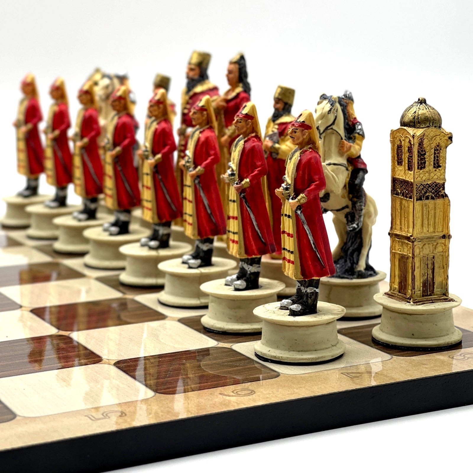 16.5" Brown Marble Pattern Chess Set With Polyester Chess Pieces