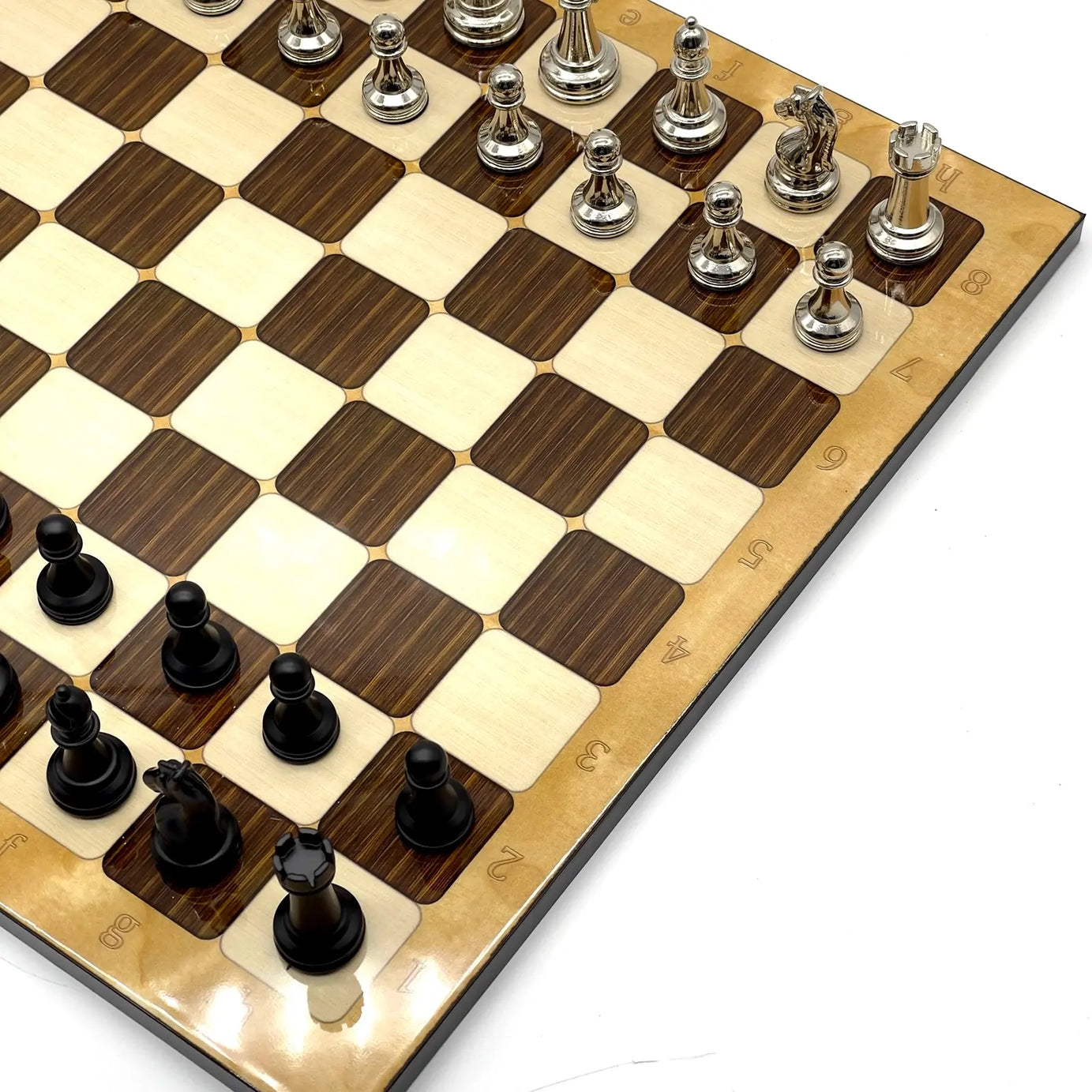 14" Brown Marble Pattern Chess Set With Matte Metal Chess Pieces