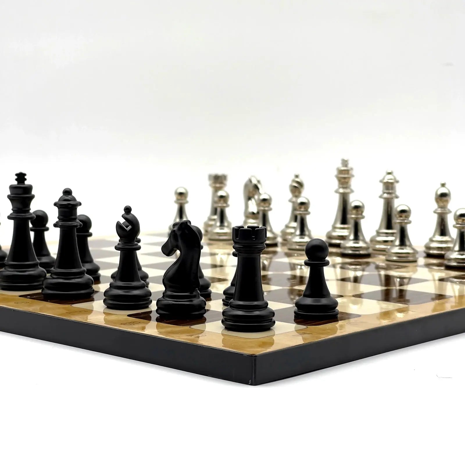14" Brown Marble Pattern Chess Set With Matte Metal Chess Pieces