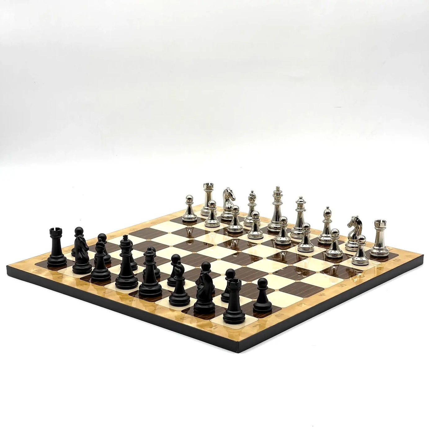 14" Brown Marble Pattern Chess Set With Matte Metal Chess Pieces