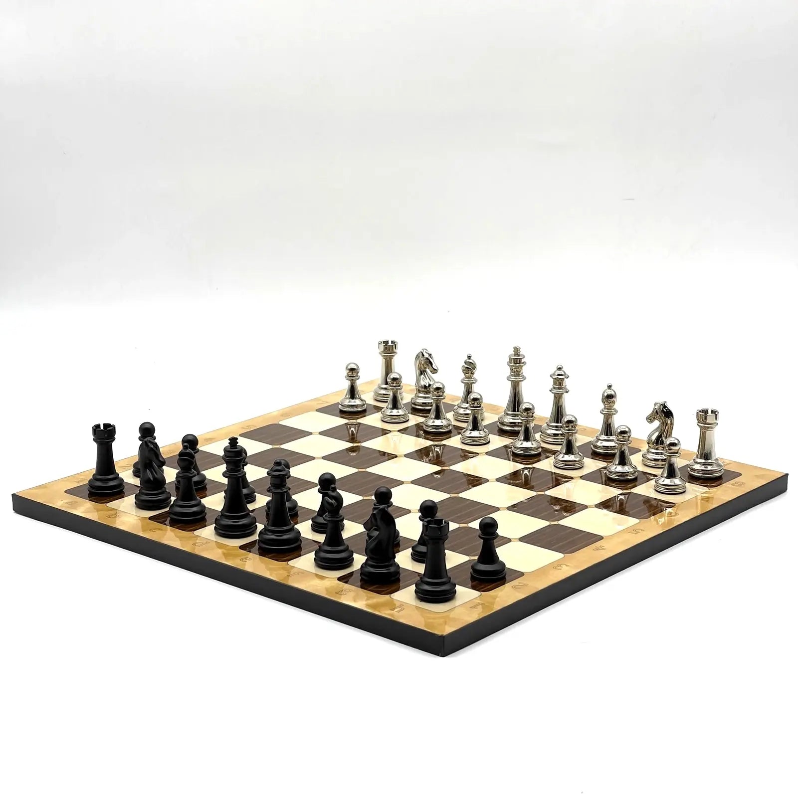 14" Brown Marble Pattern Chess Set With Matte Metal Chess Pieces
