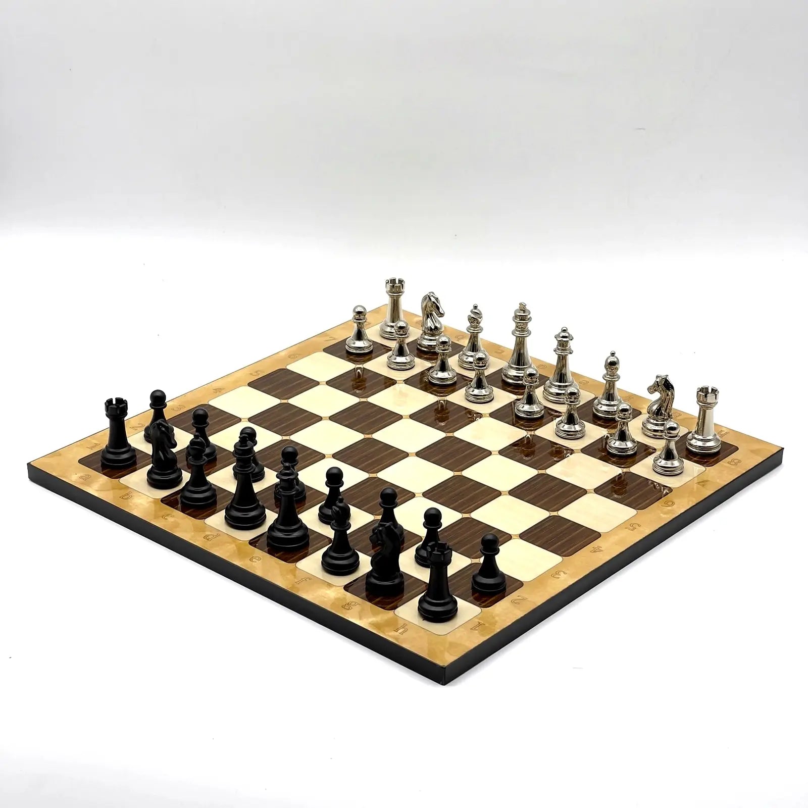 14" Brown Marble Pattern Chess Set With Matte Metal Chess Pieces