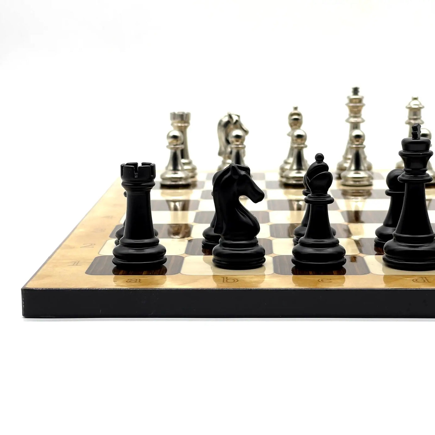 14" Brown Marble Pattern Chess Set With Matte Metal Chess Pieces