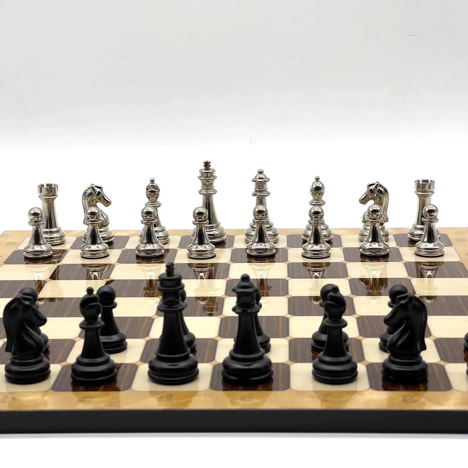 14" Brown Marble Pattern Chess Set With Matte Metal Chess Pieces