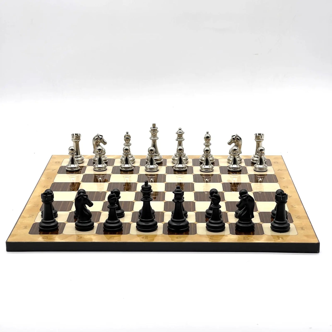 14" Brown Marble Pattern Chess Set With Matte Metal Chess Pieces
