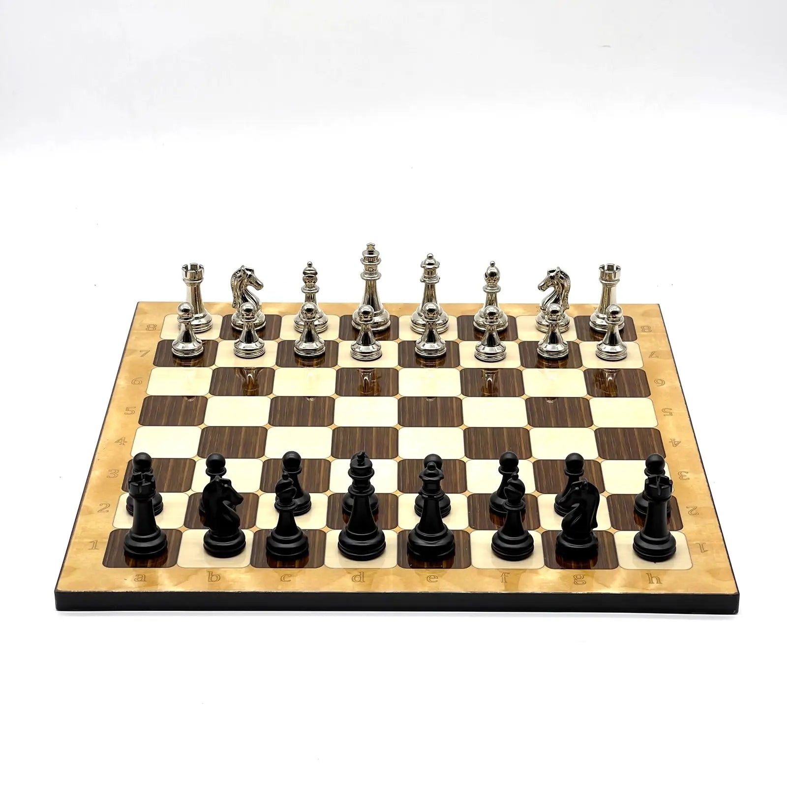 14" Brown Marble Pattern Chess Set With Matte Metal Chess Pieces