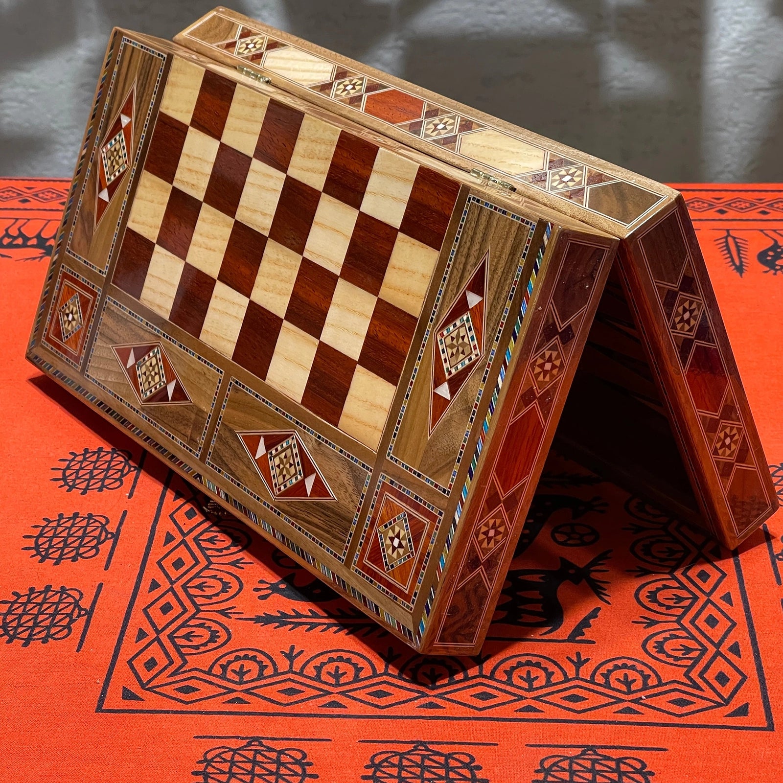 12.9" Handmade Backgammon and Chess Set with Metal Chess Pieces