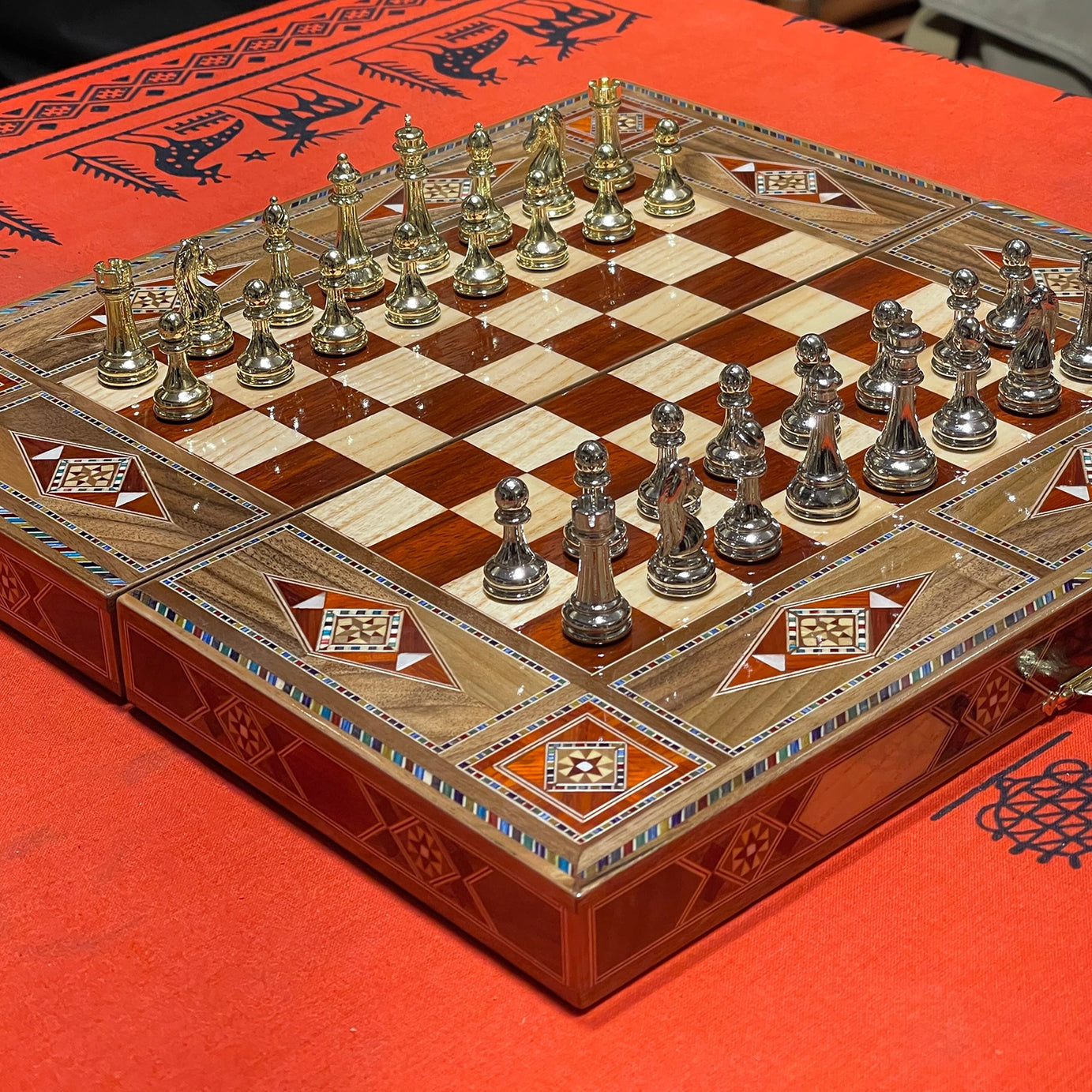 12.9" Handmade Backgammon and Chess Set with Metal Chess Pieces