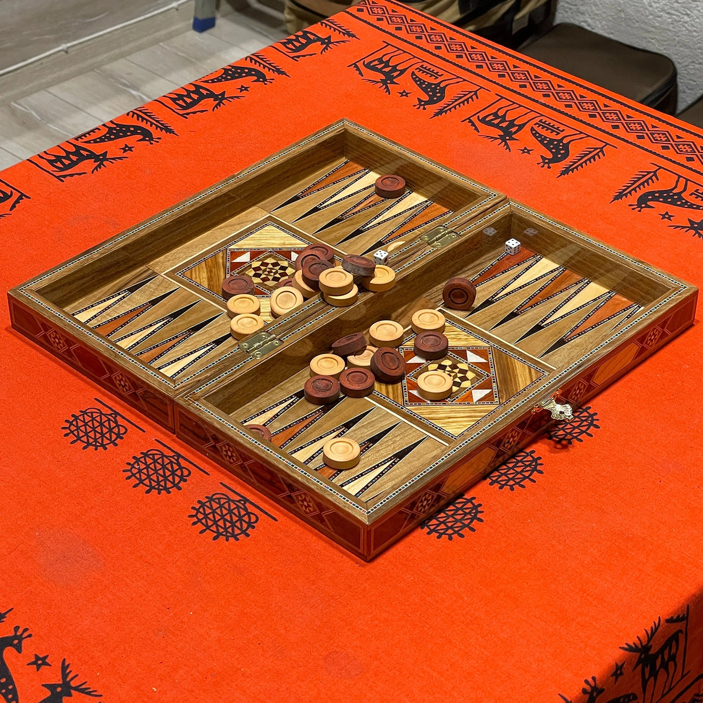 12.9" Handmade Backgammon and Chess Set with Metal Chess Pieces