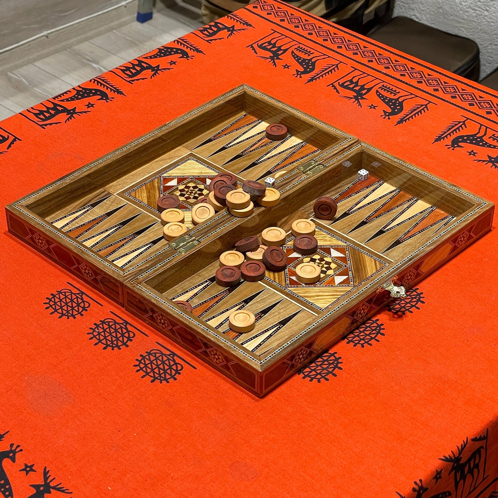 12.9" Handmade Backgammon and Chess Set with Metal Chess Pieces
