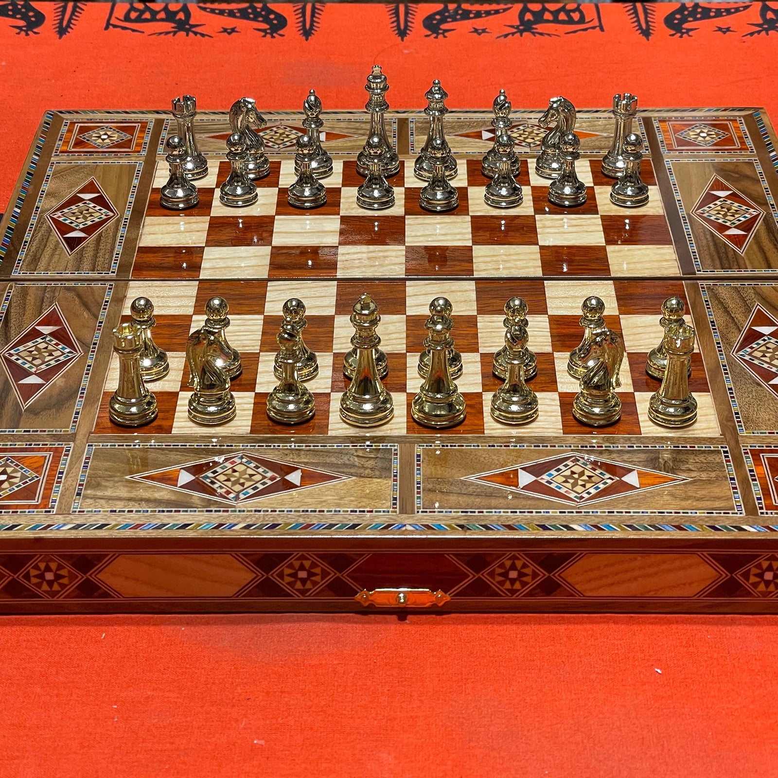 12.9" Handmade Backgammon and Chess Set with Metal Chess Pieces