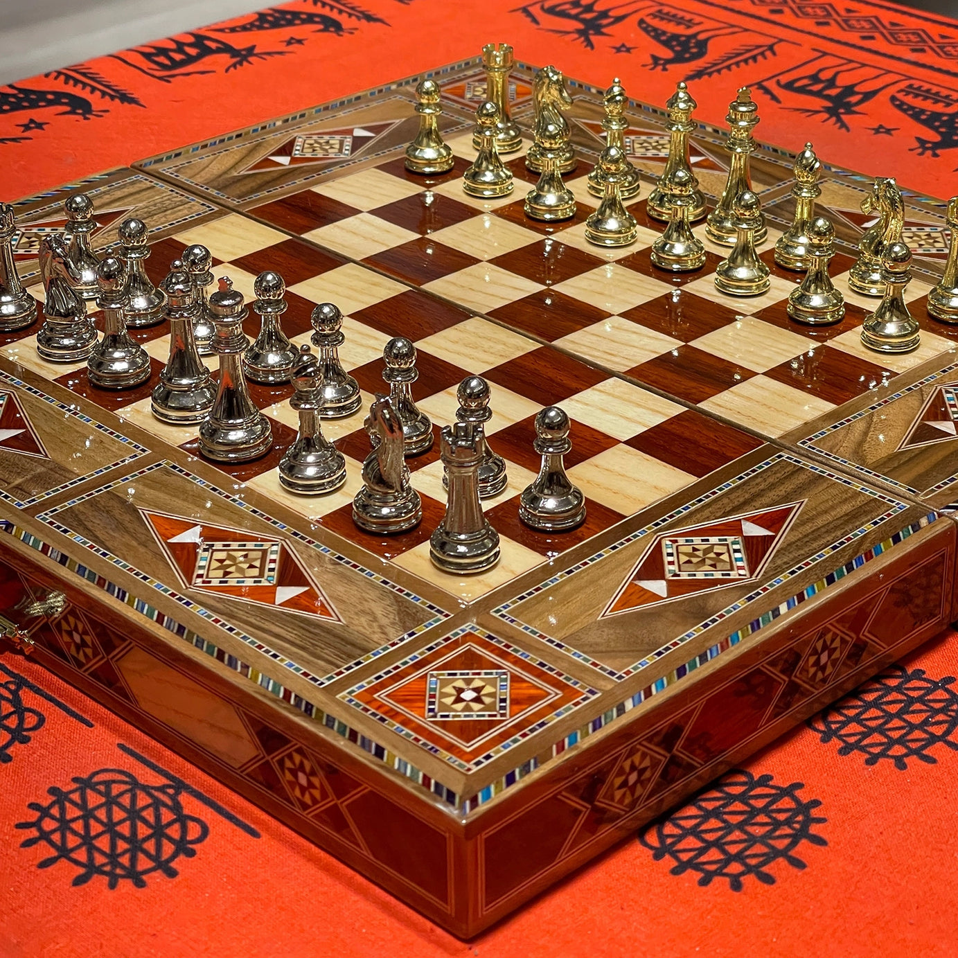 12.9" Handmade Backgammon and Chess Set with Metal Chess Pieces