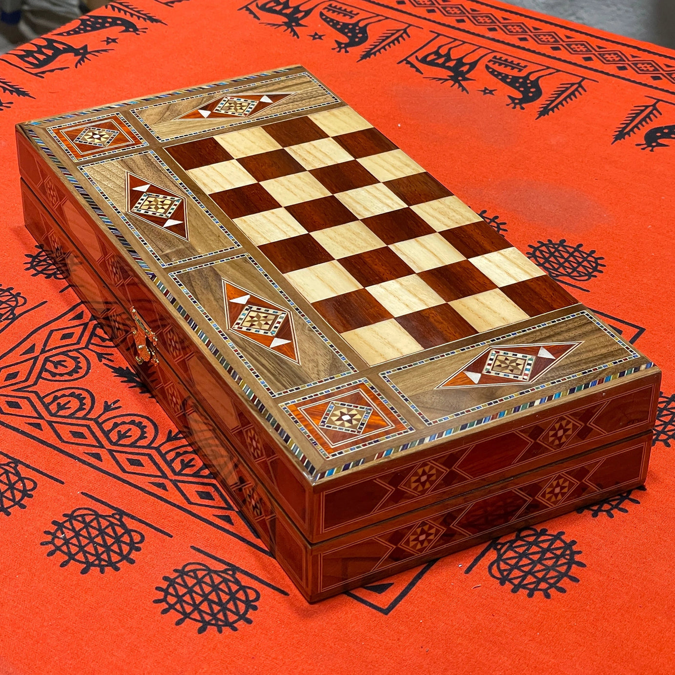 12.9" Handmade Backgammon and Chess Set with Metal Chess Pieces