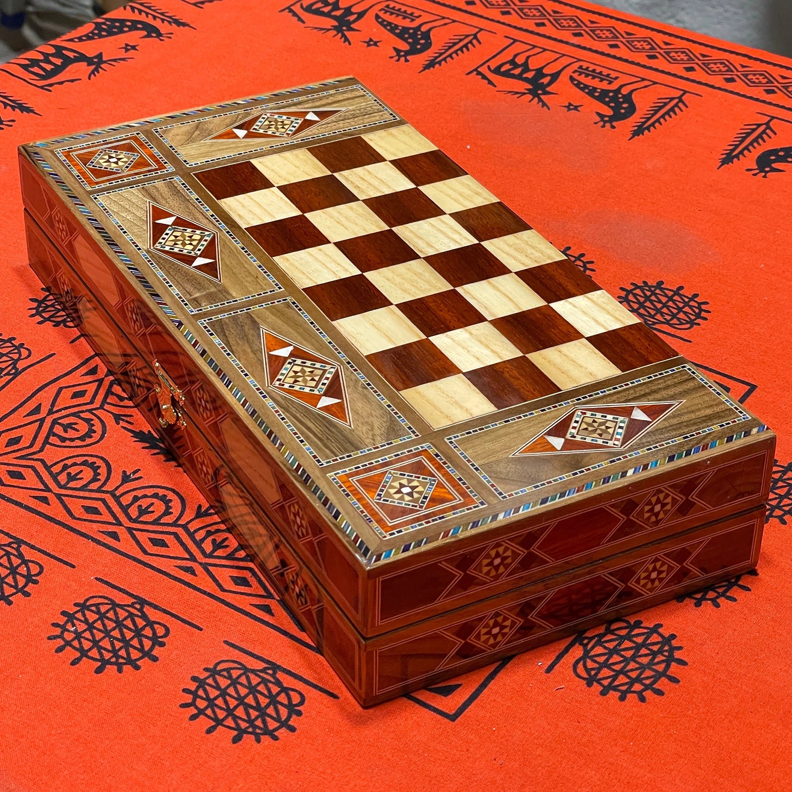 12.9" Handmade Backgammon and Chess Set with Metal Chess Pieces