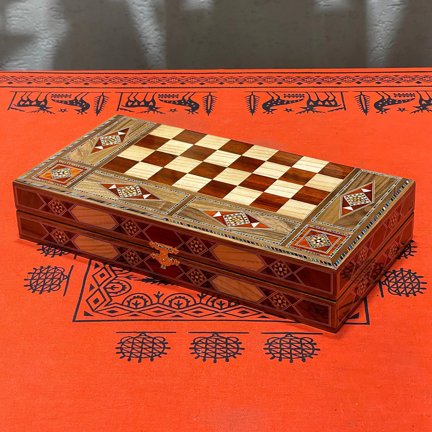 12.9" Handmade Backgammon and Chess Set with Metal Chess Pieces