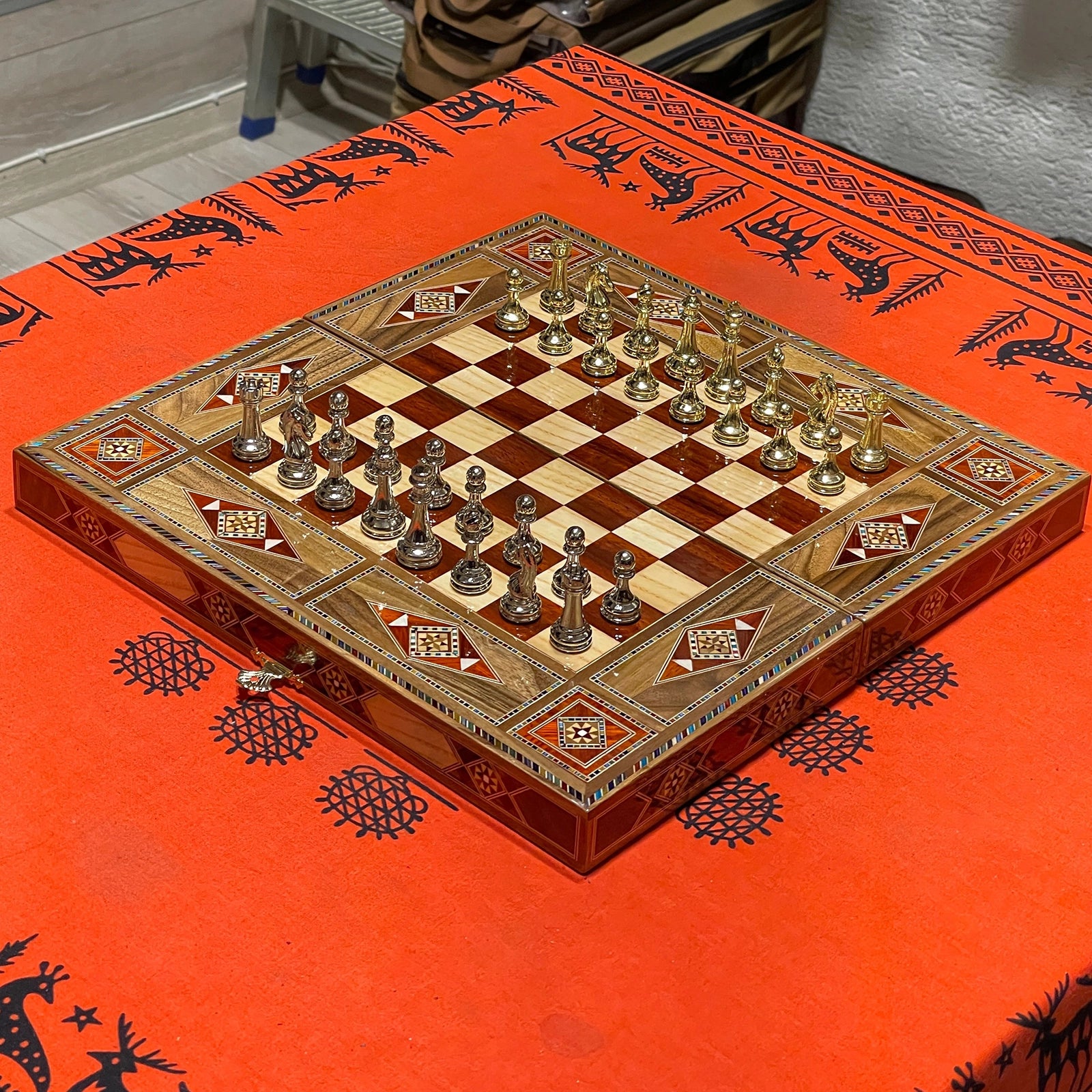 12.9" Handmade Backgammon and Chess Set with Metal Chess Pieces