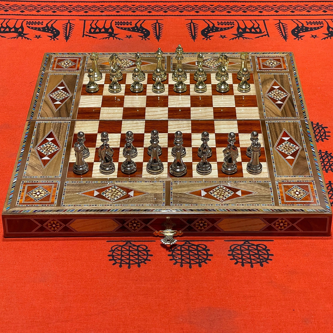 12.9" Handmade Backgammon and Chess Set with Metal Chess Pieces