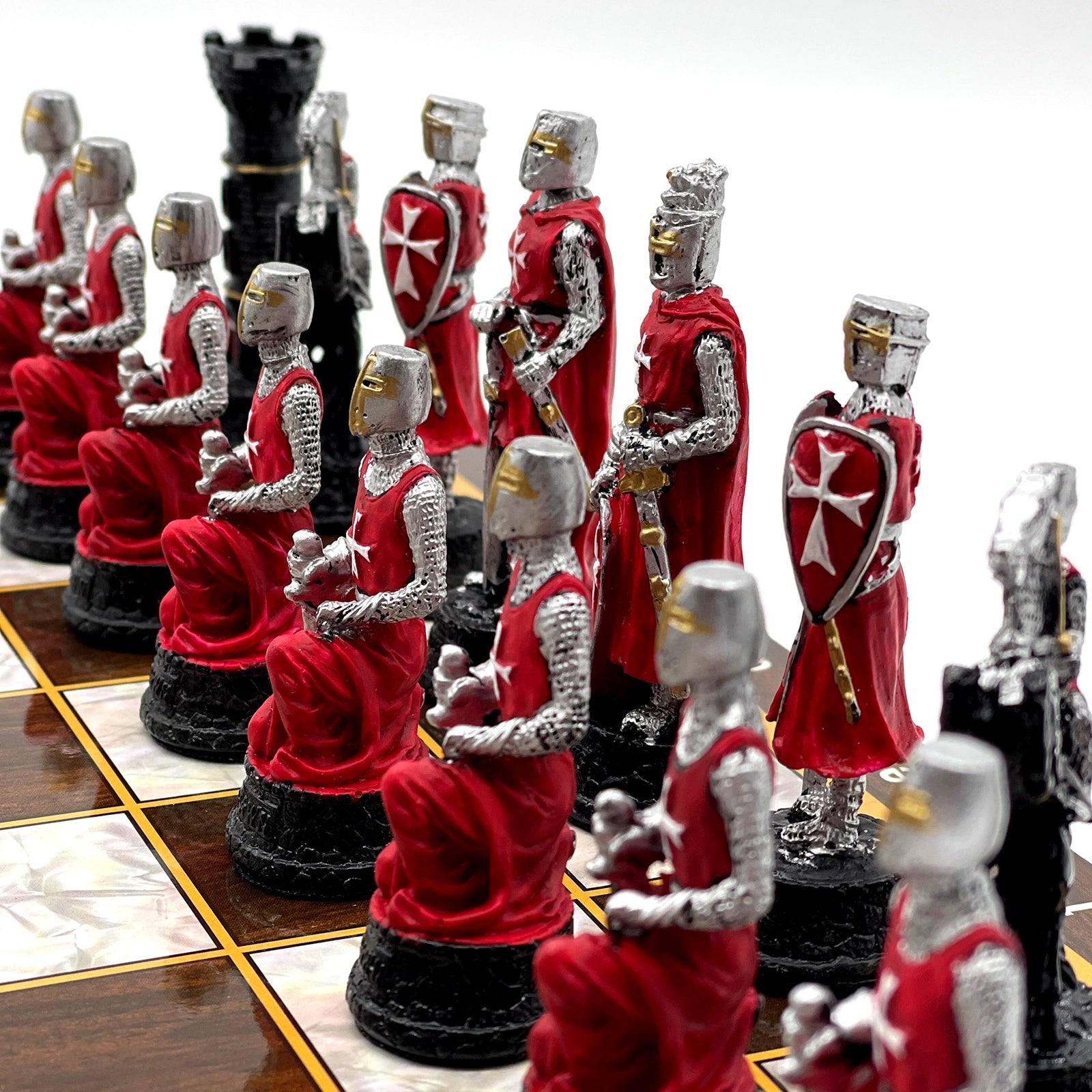 14.5" Brown Marble Pattern Wooden Chess Set With Crusaders Chess Pieces