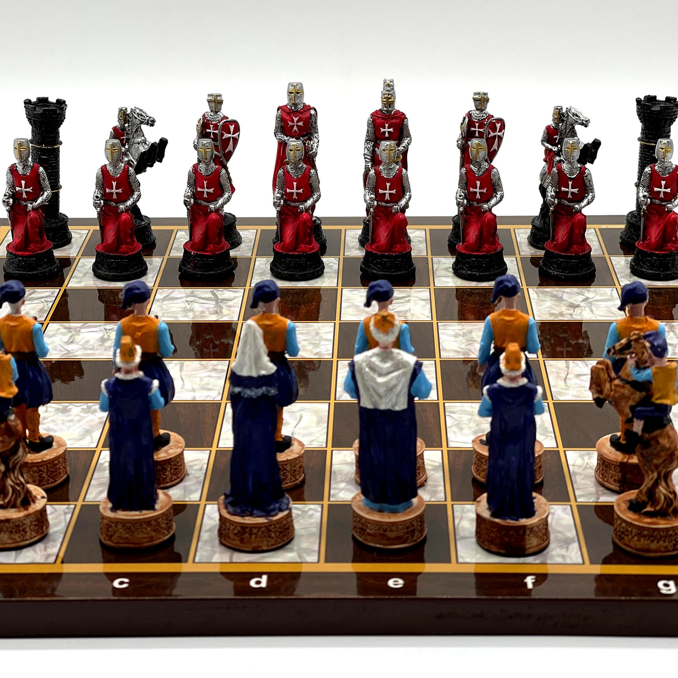 14.5" Brown Marble Pattern Wooden Chess Set With Crusaders Chess Pieces