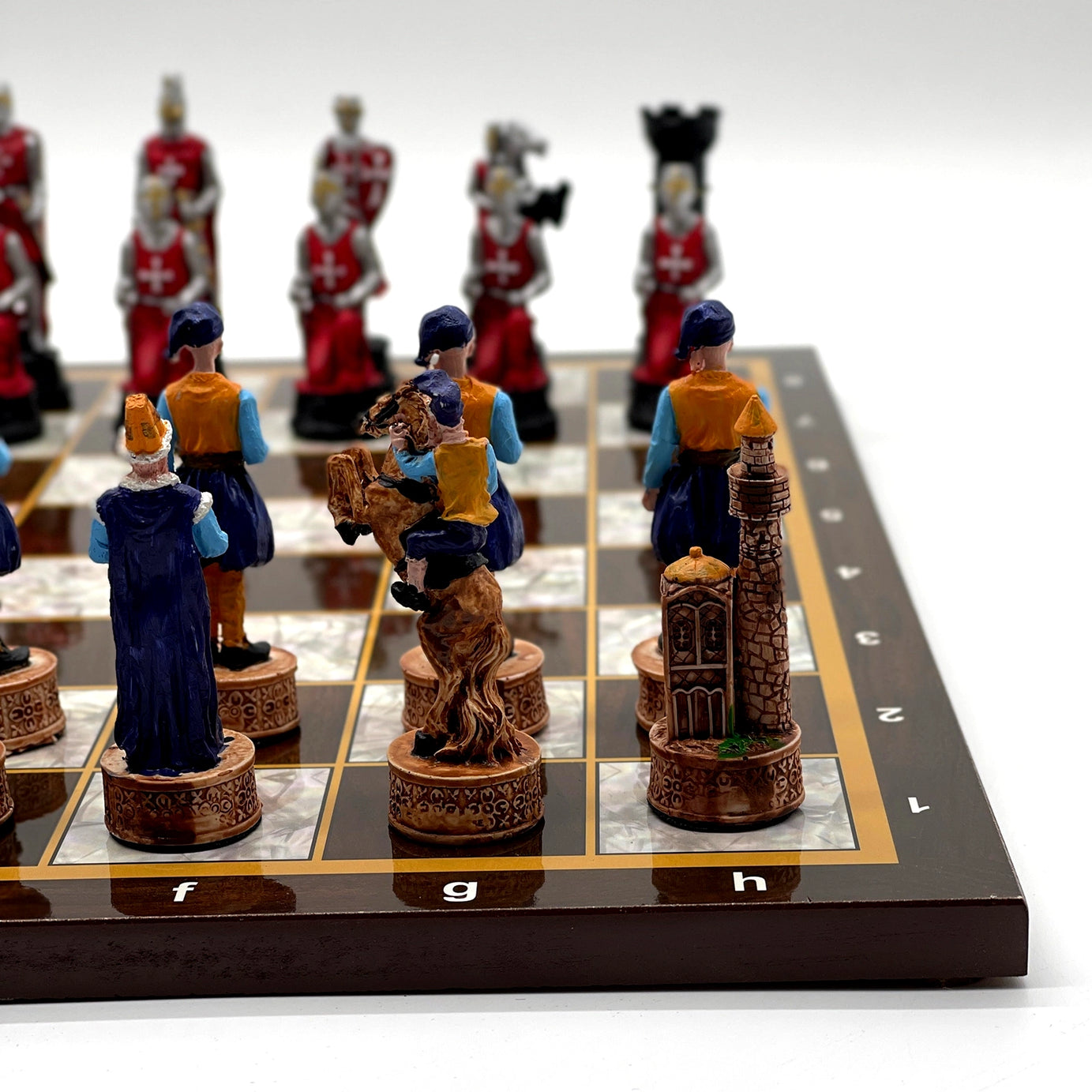 14.5" Brown Marble Pattern Wooden Chess Set With Crusaders Chess Pieces