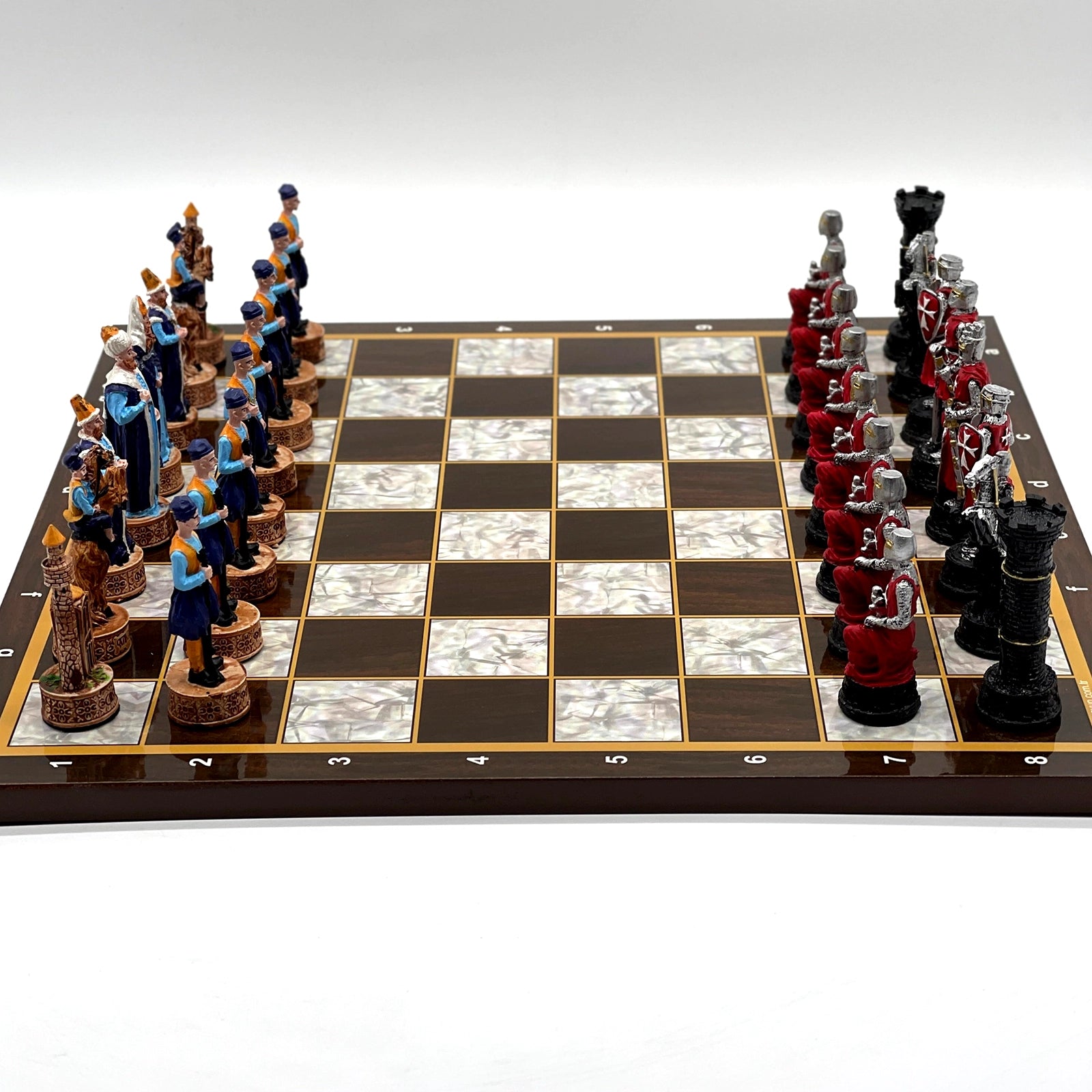 14.5" Brown Marble Pattern Wooden Chess Set With Crusaders Chess Pieces