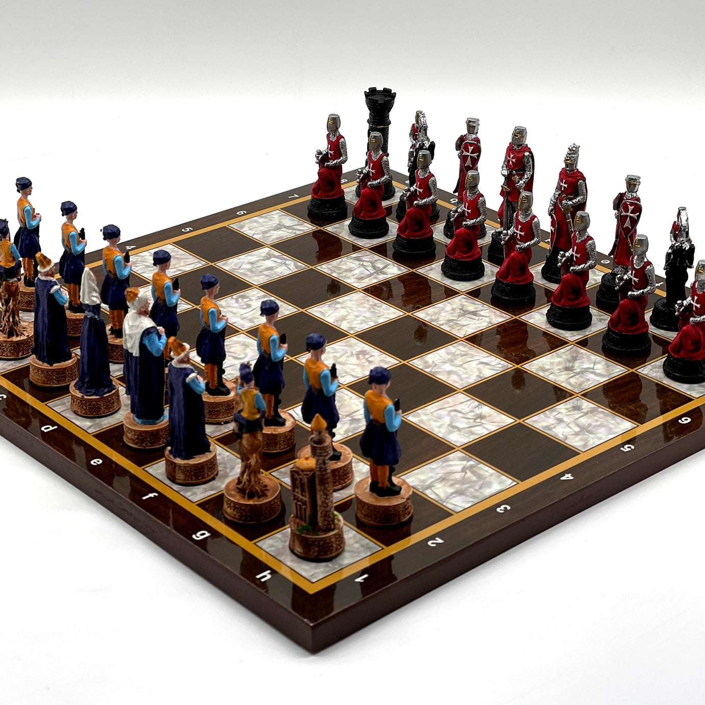 14.5" Brown Marble Pattern Wooden Chess Set With Crusaders Chess Pieces