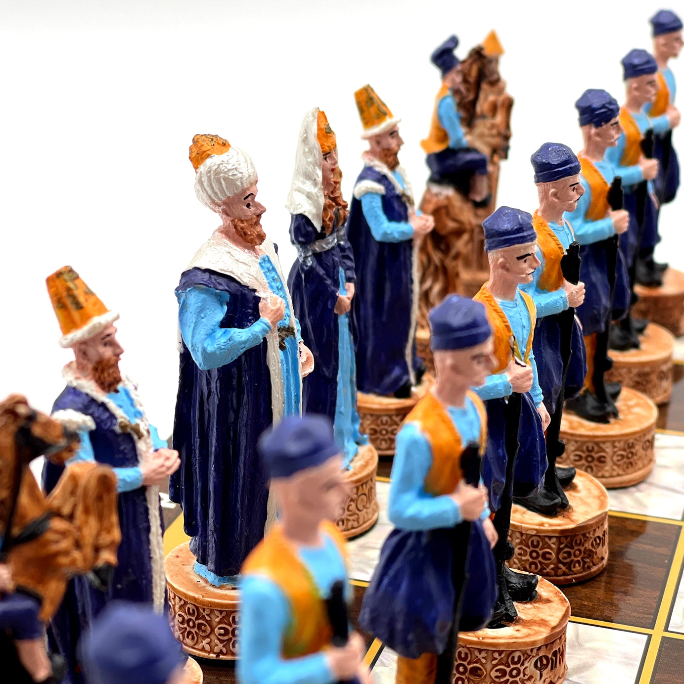 14.5" Brown Marble Pattern Wooden Chess Set With Crusaders Chess Pieces