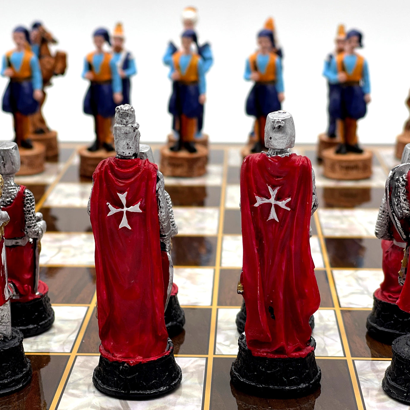 14.5" Brown Marble Pattern Wooden Chess Set With Crusaders Chess Pieces