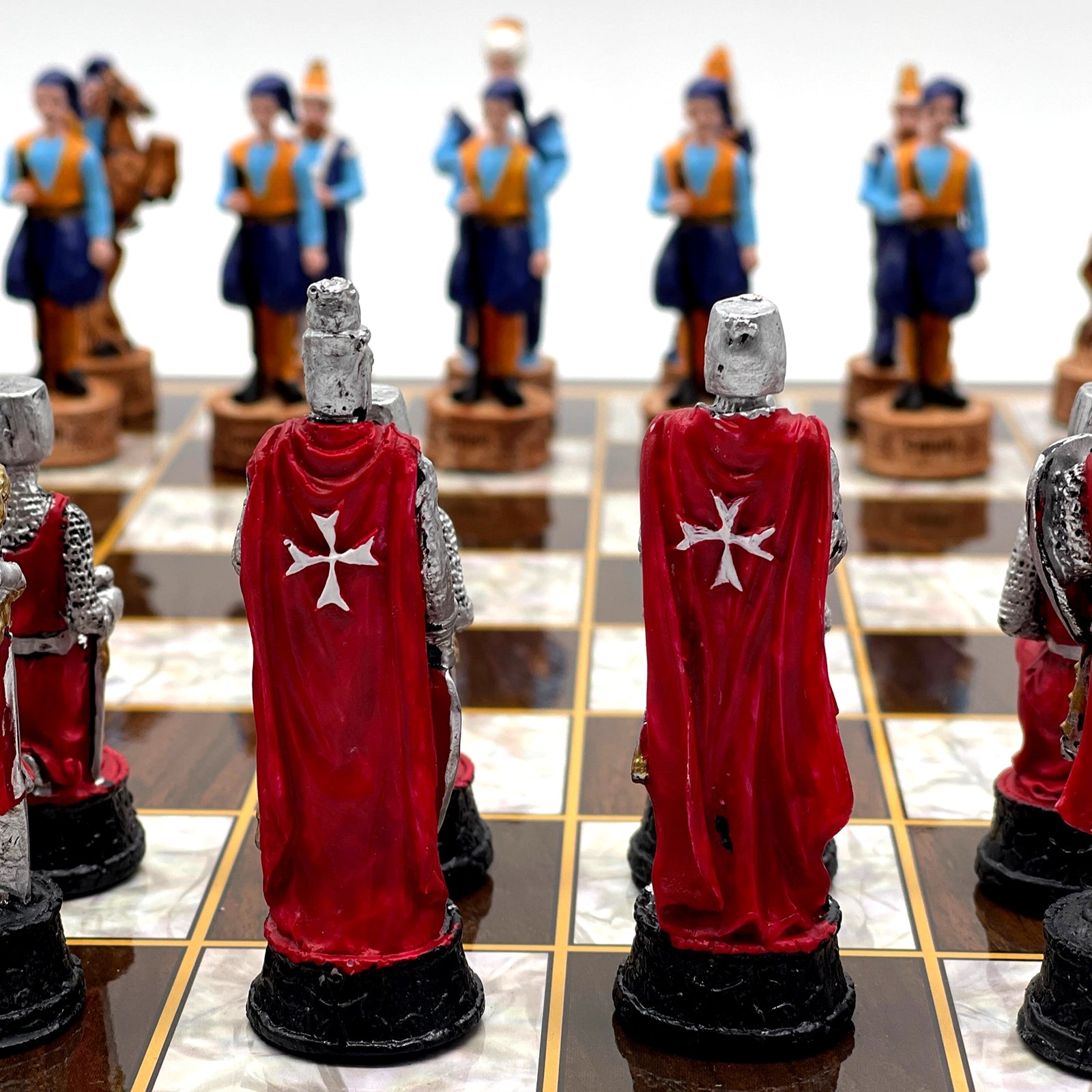 14.5" Brown Marble Pattern Wooden Chess Set With Crusaders Chess Pieces