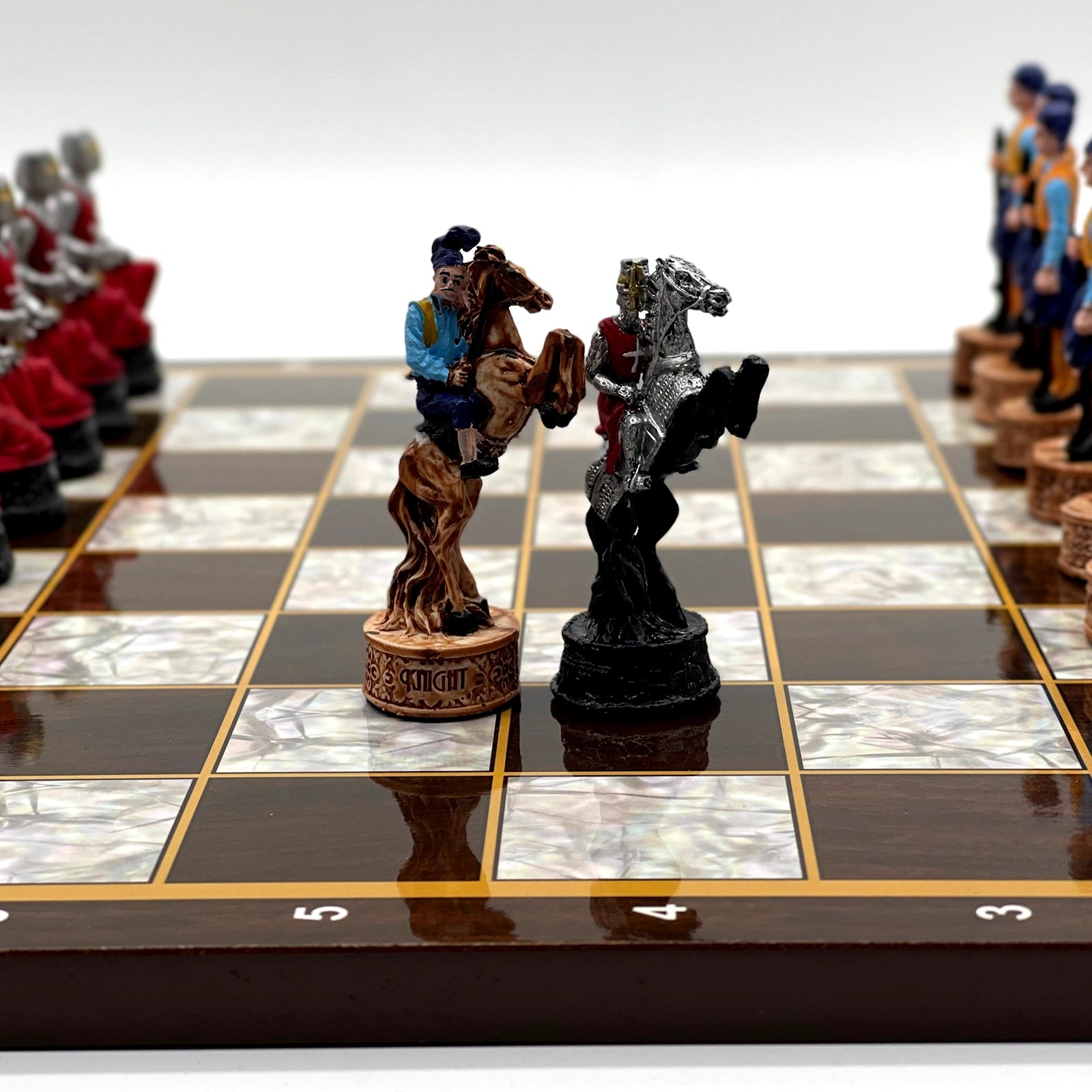 14.5" Brown Marble Pattern Wooden Chess Set With Crusaders Chess Pieces