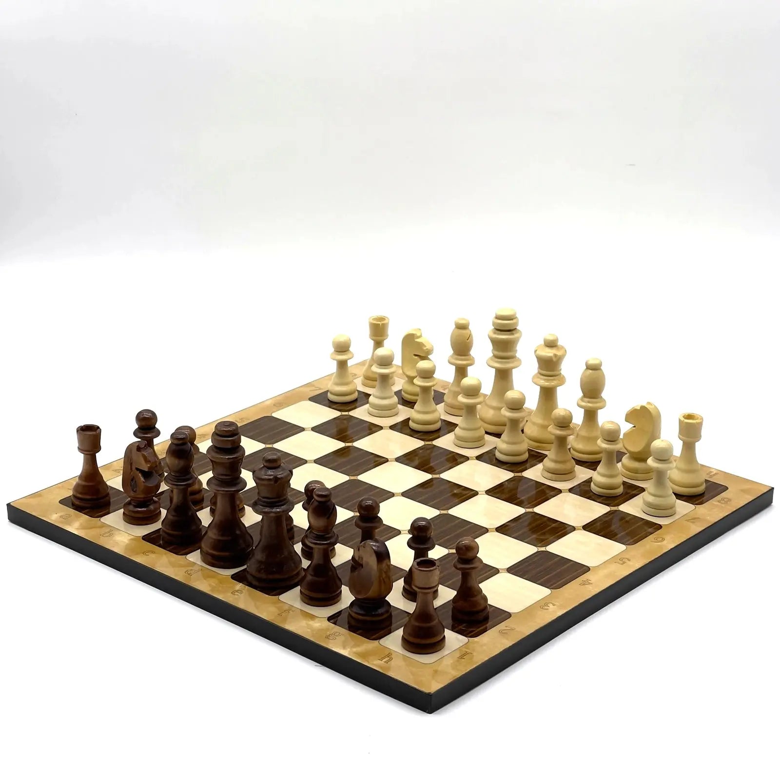 14" Brown Marble Patterned Wooden Set with Wooden Chess Pieces