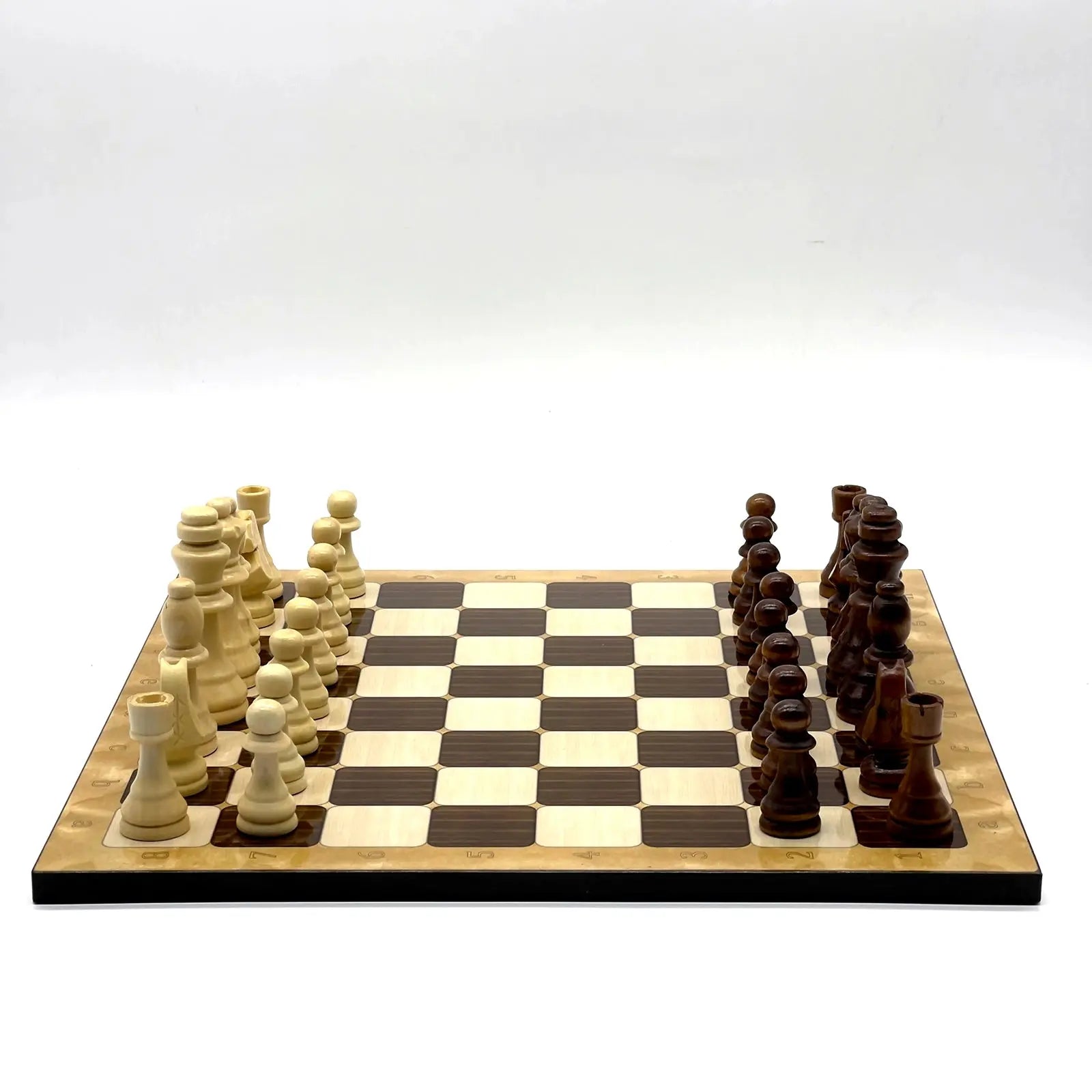 14" Brown Marble Patterned Wooden Set with Wooden Chess Pieces
