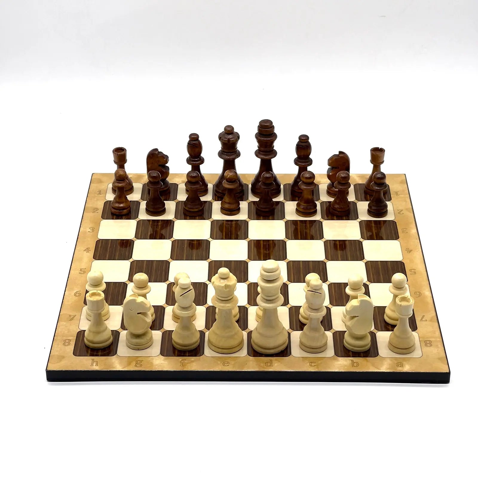 14" Brown Marble Patterned Wooden Set with Wooden Chess Pieces