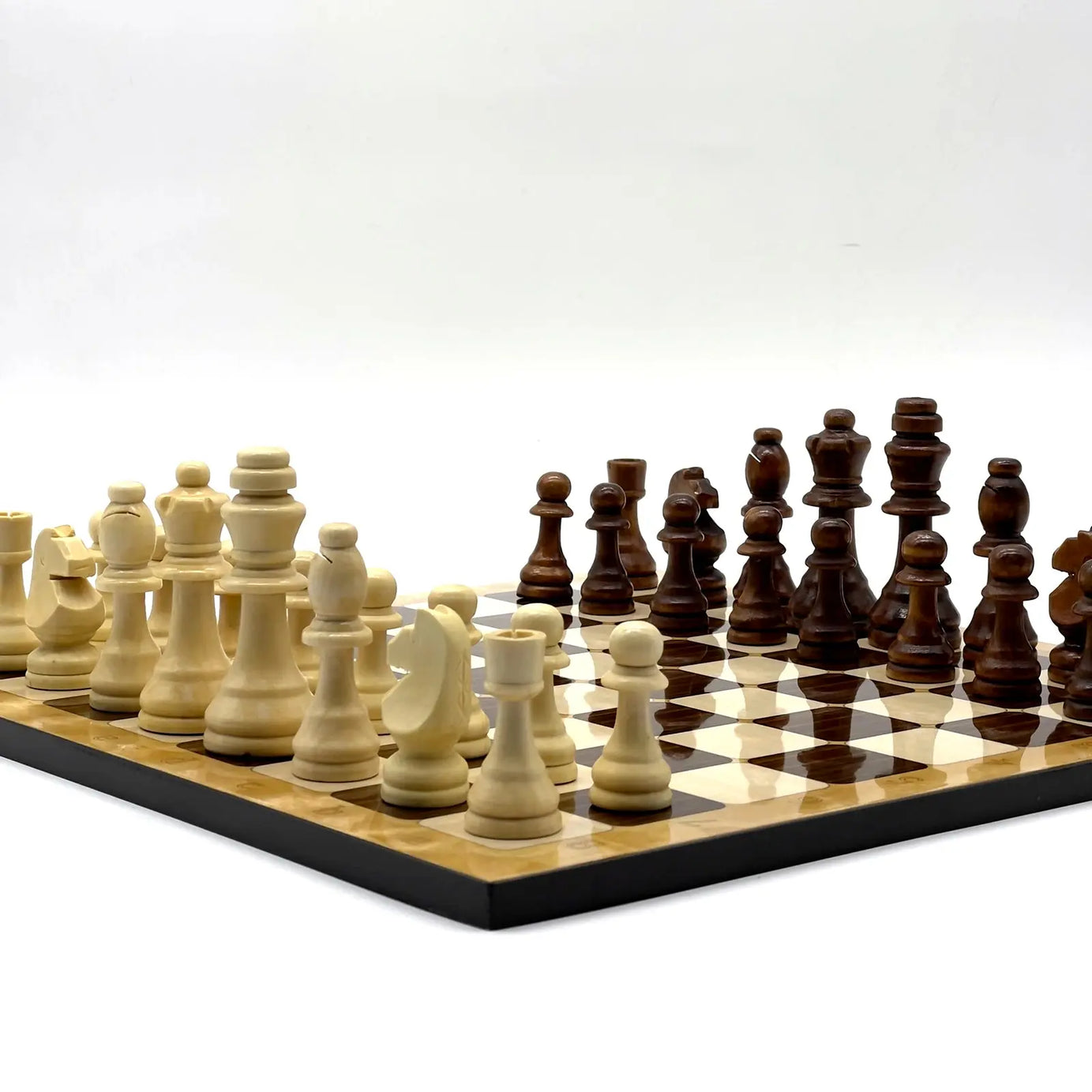 14" Brown Marble Patterned Wooden Set with Wooden Chess Pieces