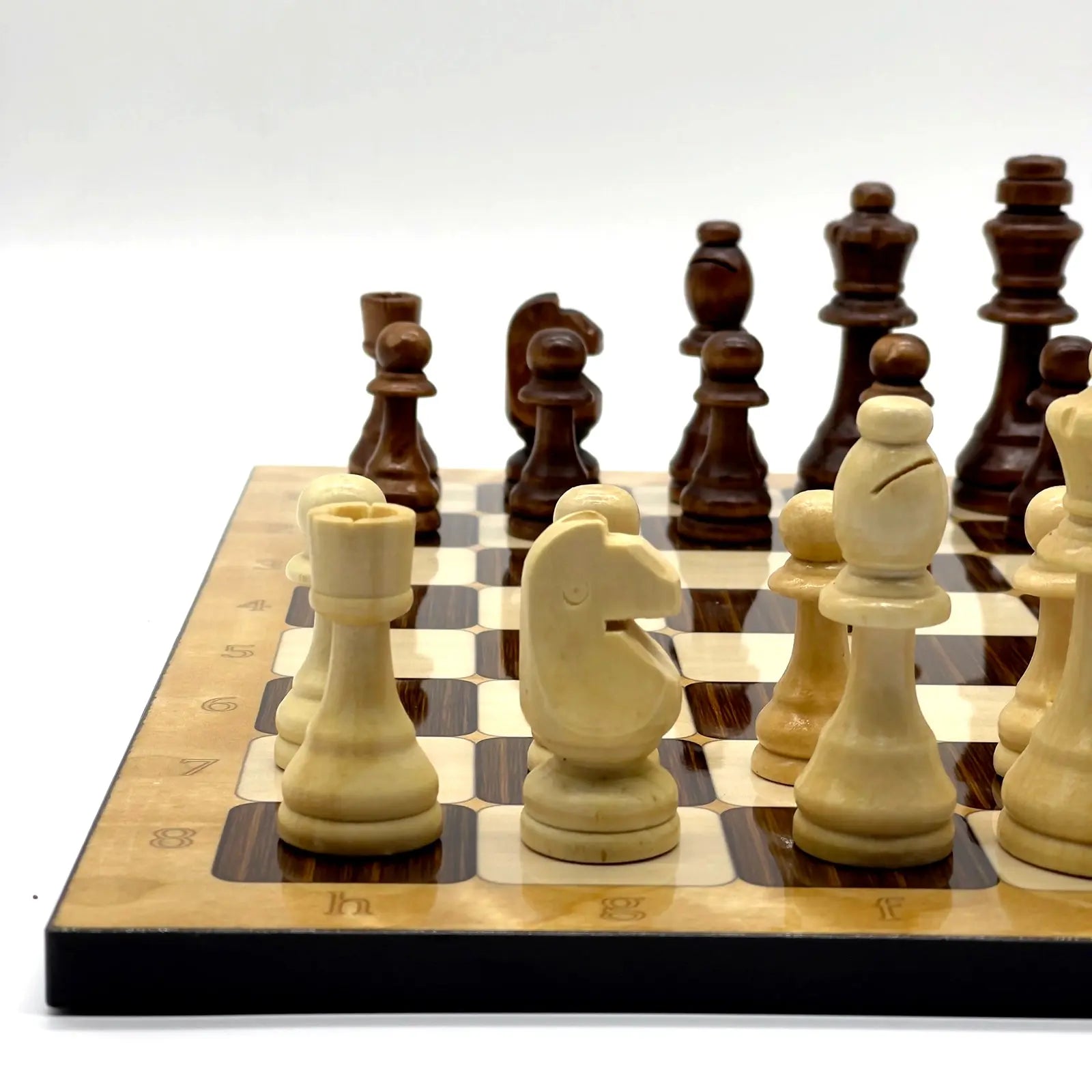 14" Brown Marble Patterned Wooden Set with Wooden Chess Pieces