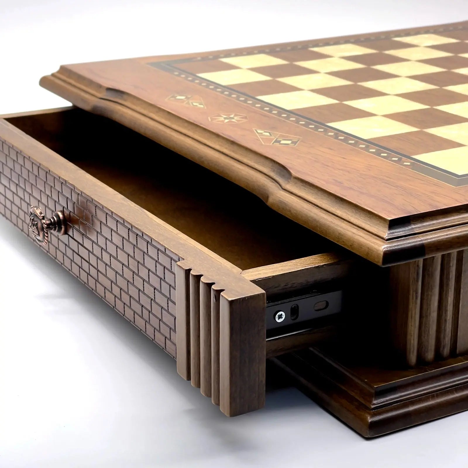 21" Castle Walnut Wooden Natural Chess Set with Metal Chess Figures