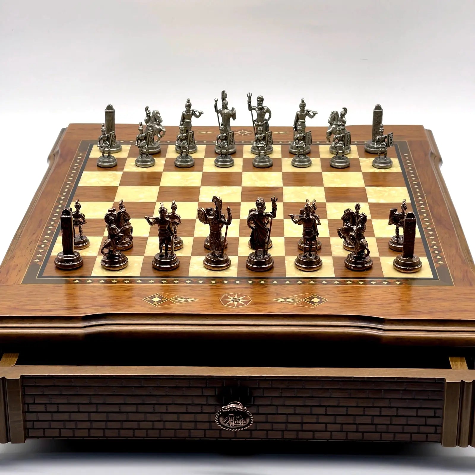21" Castle Walnut Wooden Natural Chess Set with Metal Chess Figures