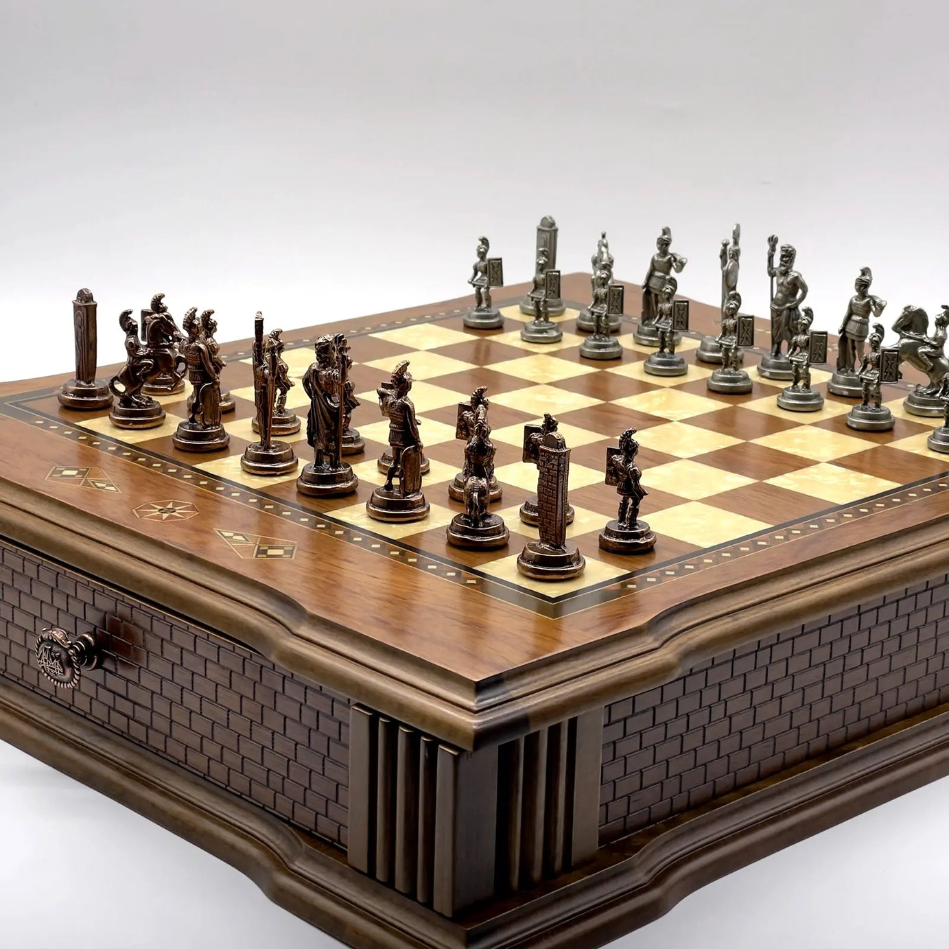 21" Castle Walnut Wooden Natural Chess Set with Metal Chess Figures