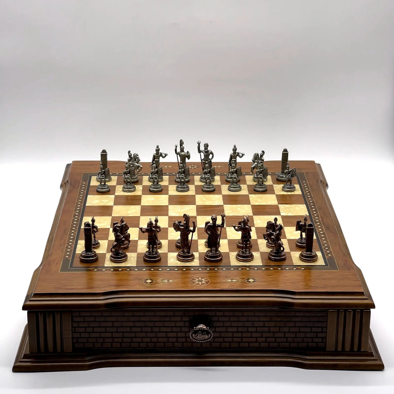 21" Castle Walnut Wooden Natural Chess Set with Metal Chess Figures