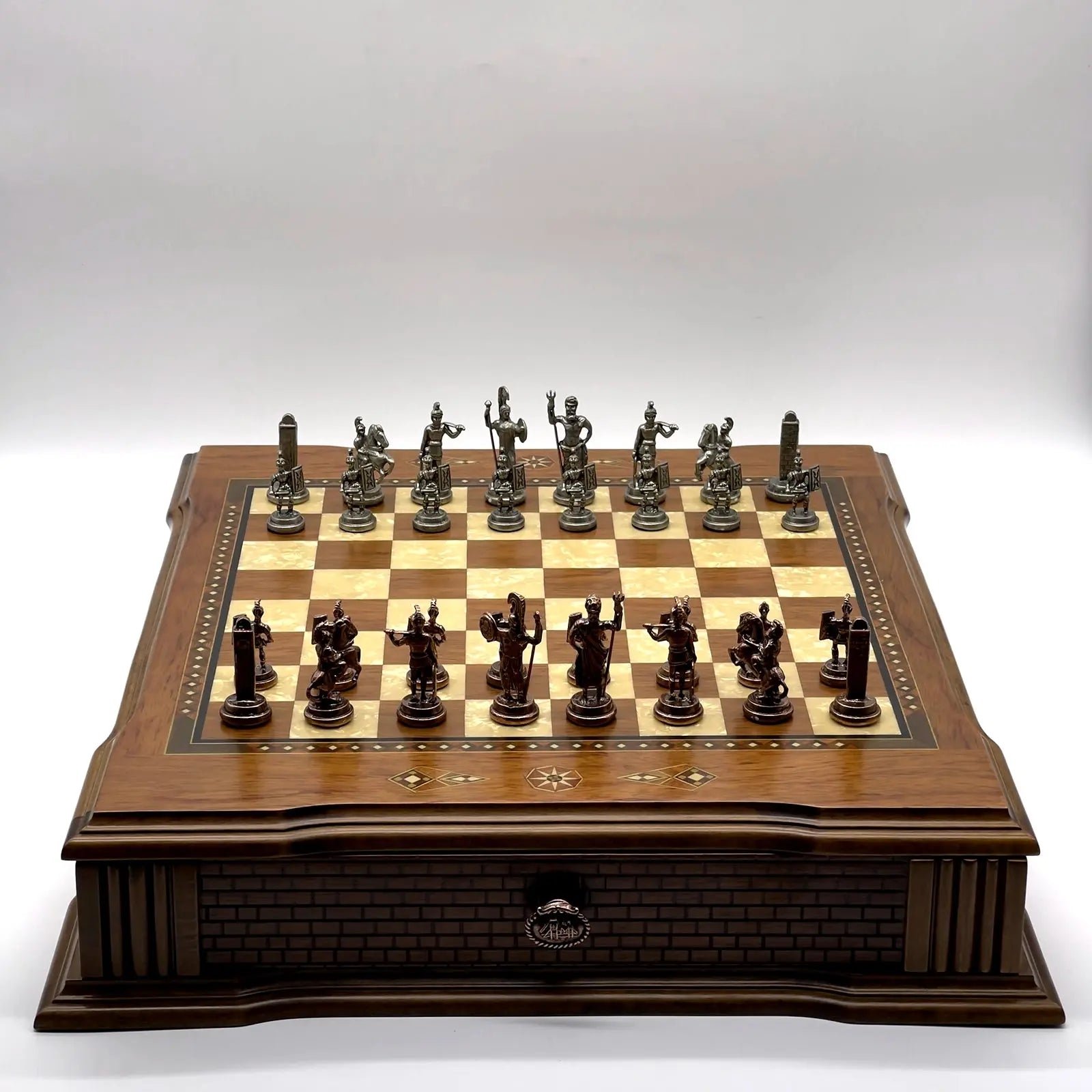 21" Castle Walnut Wooden Natural Chess Set with Metal Chess Figures