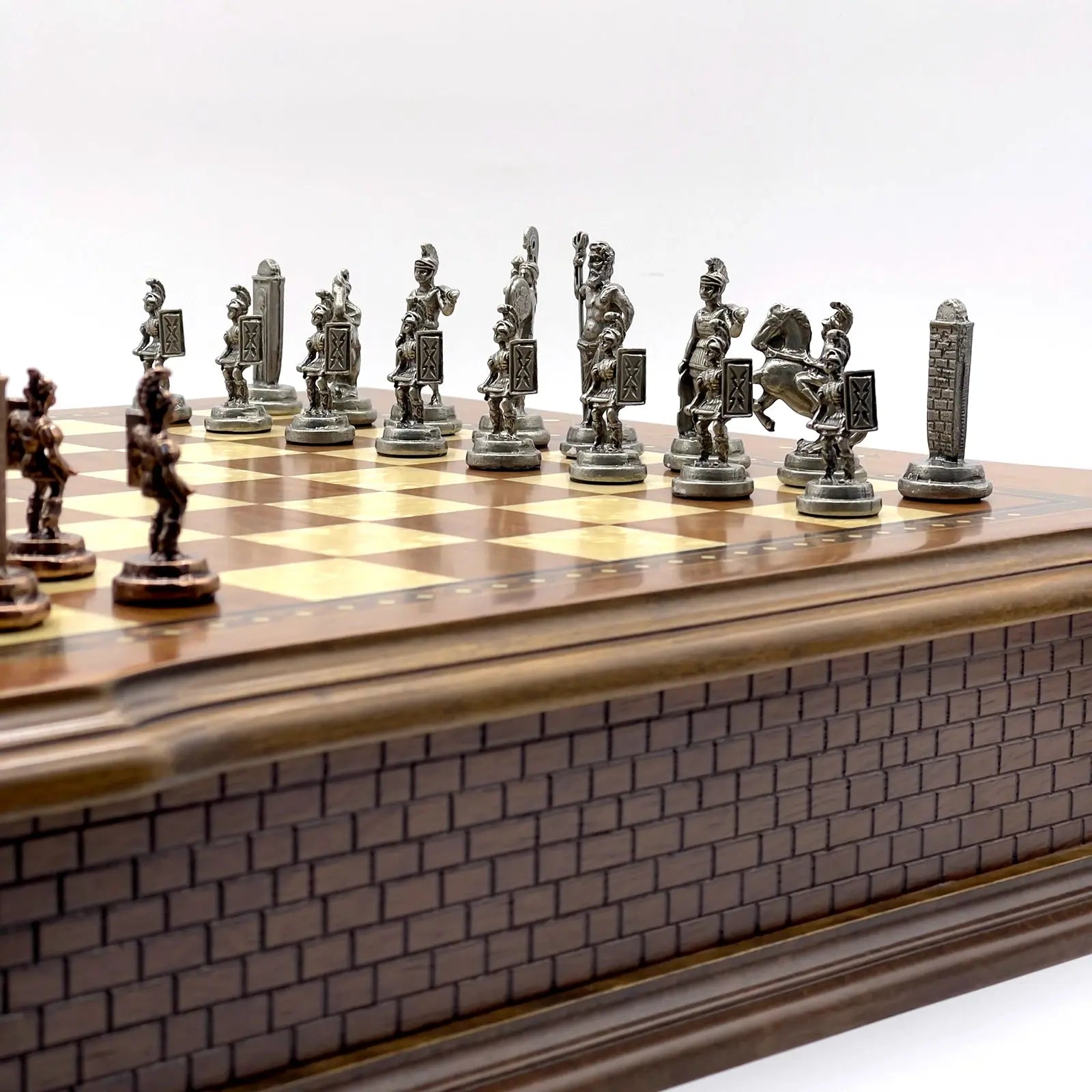 21" Castle Walnut Wooden Natural Chess Set with Metal Chess Figures