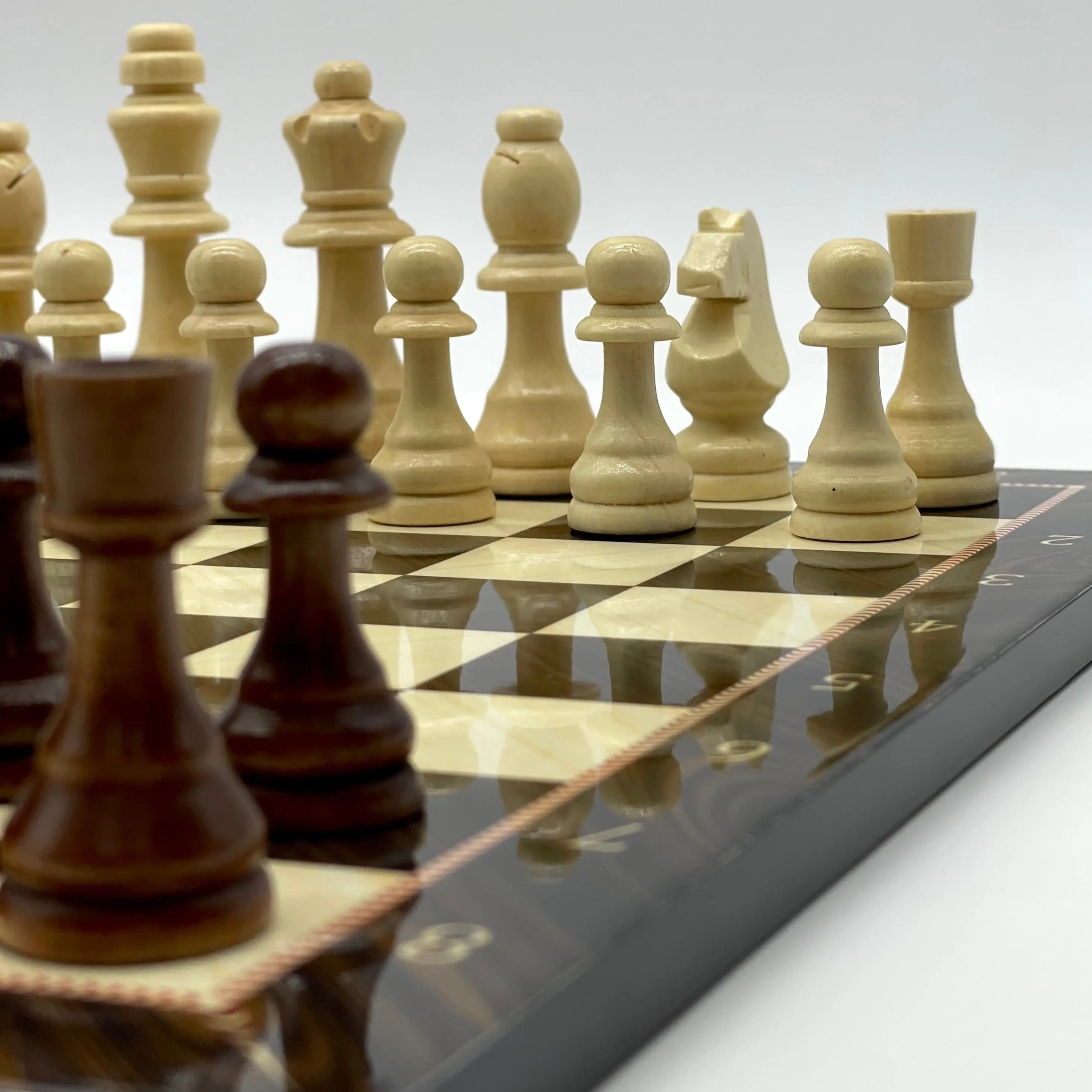 16.5" Walnut Marble Pattern Folding Wooden Set With Wooden Chess Pieces Set